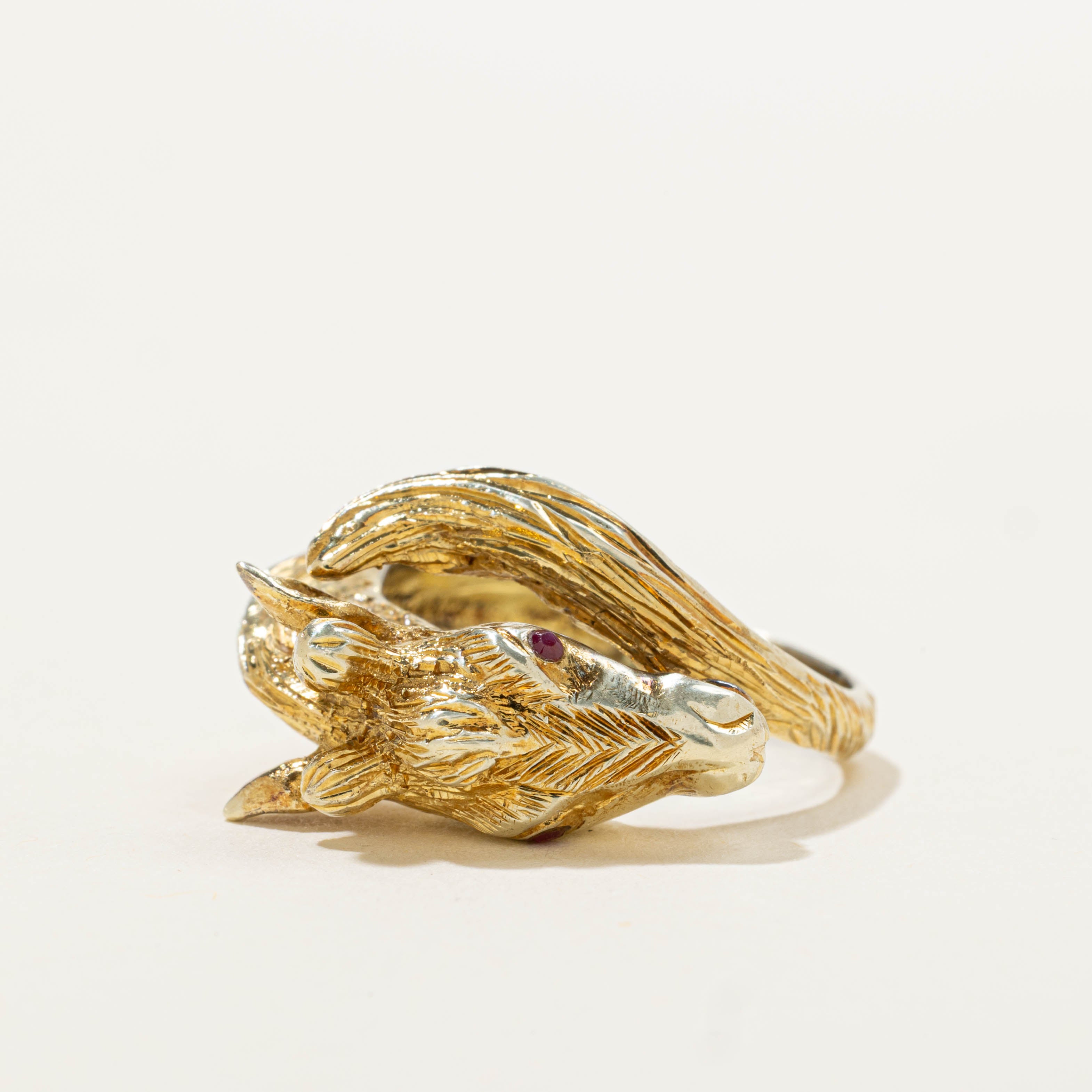 14k Synthetic Ruby Horse Head Bypass Ring | SZ 6
