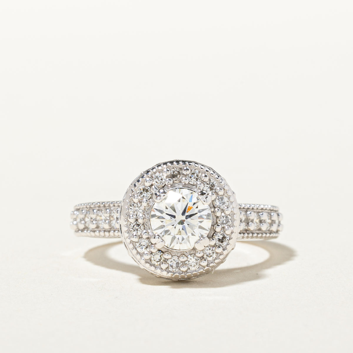 14k Pave Set Diamond Halo Milgrain Ring | 0.69ct SI1 G/H, 0.68ctw | SZ 6.25