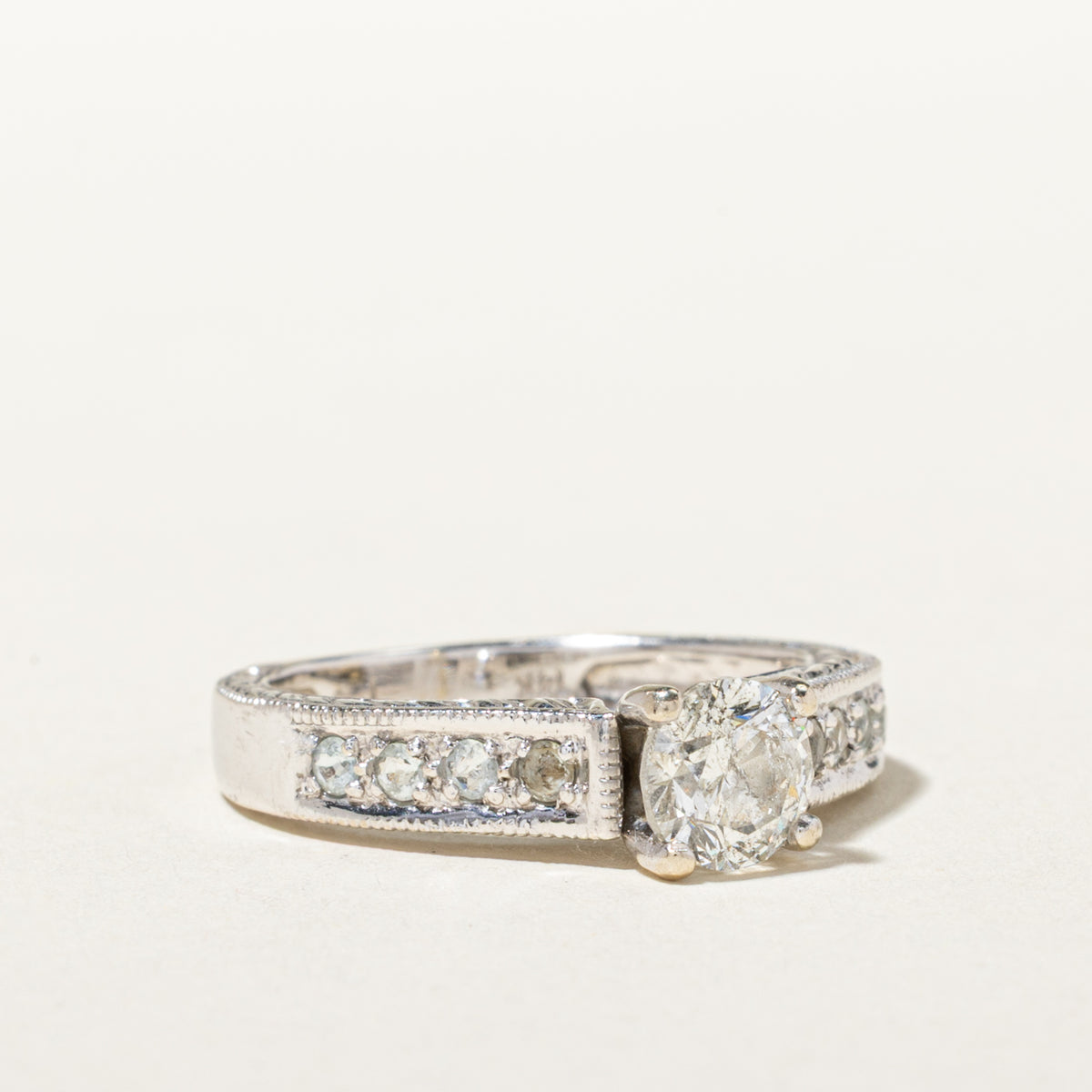 14k Diamond & Aquamarine Accented Milgrain Ring | 0.90ct I2 H/I, 0.16ctw | SZ 6.5