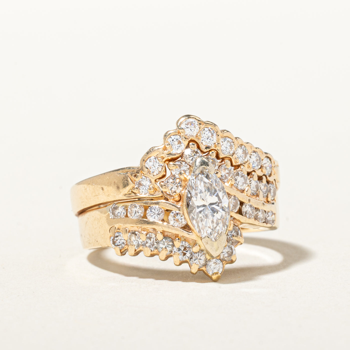 14k Marquise Cut Diamond Ornate Soldered Wedding Ring Set | 0.48ct SI2 E/F, 0.79ctw | SZ 6.25