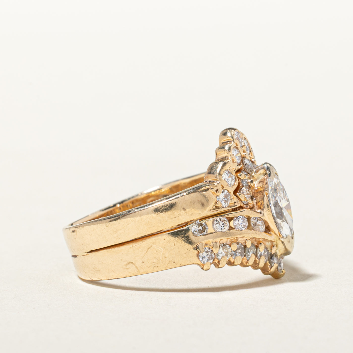 14k Marquise Cut Diamond Ornate Soldered Wedding Ring Set | 0.48ct SI2 E/F, 0.79ctw | SZ 6.25