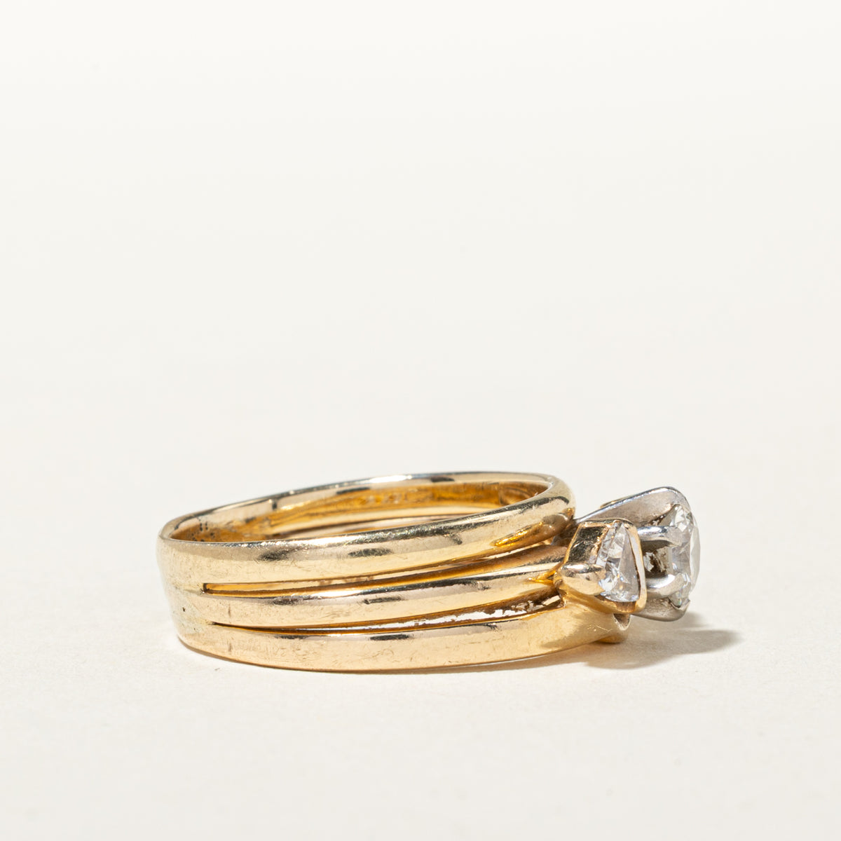 14k Diamond Trillion Cut Accented Soldered Wedding Ring Set | 0.38ct SI1 G/H, 0.27ctw | SZ 7.75