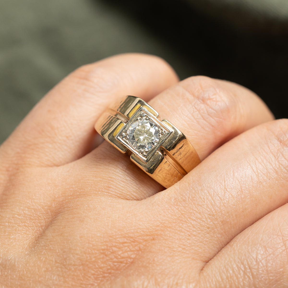 10k Solitaire Diamond Textured Geometric Signet Ring | 1.01ct I2 I-J | SZ 12.25