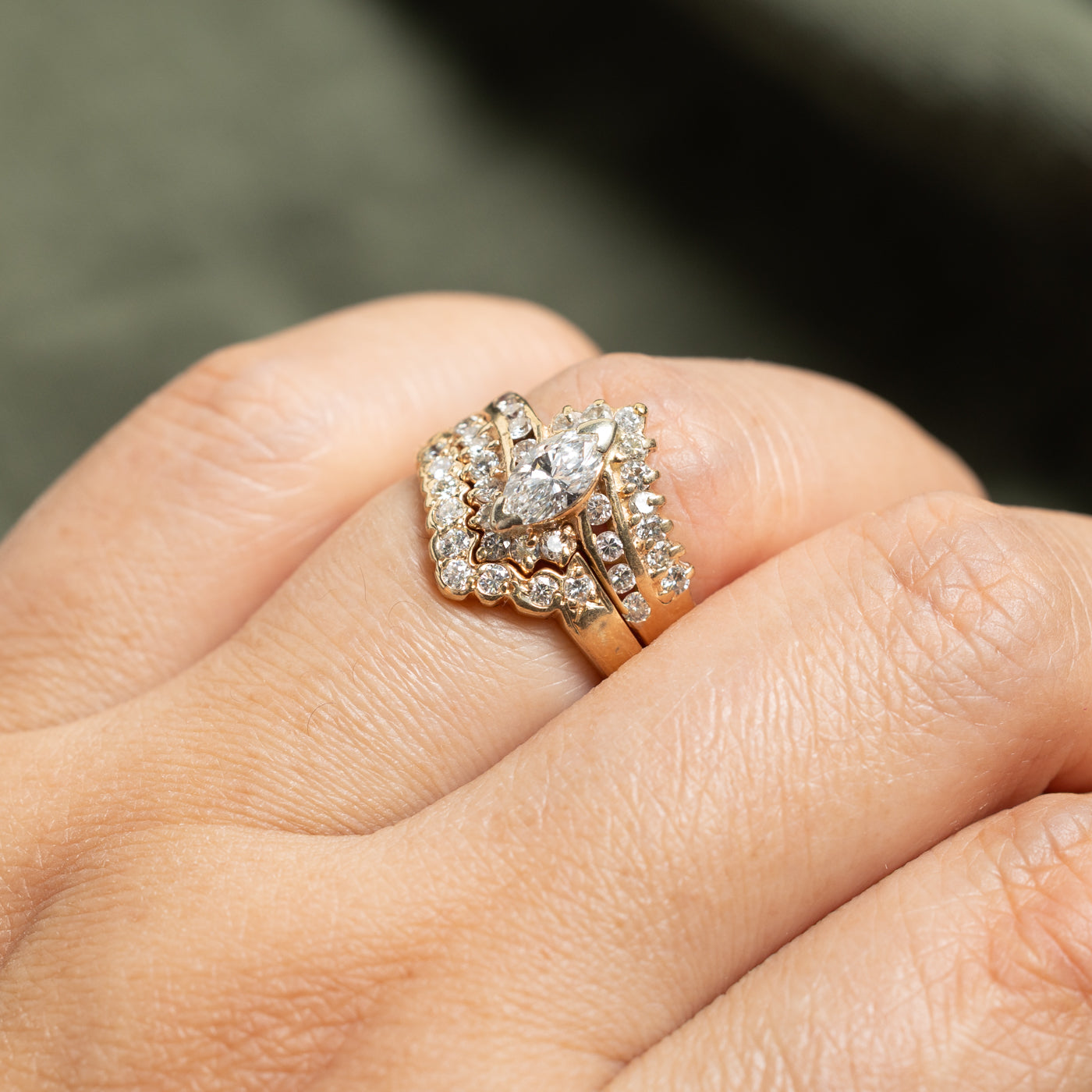 14k Marquise Cut Diamond Ornate Soldered Wedding Ring Set | 0.48ct SI2 E/F, 0.79ctw | SZ 6.25