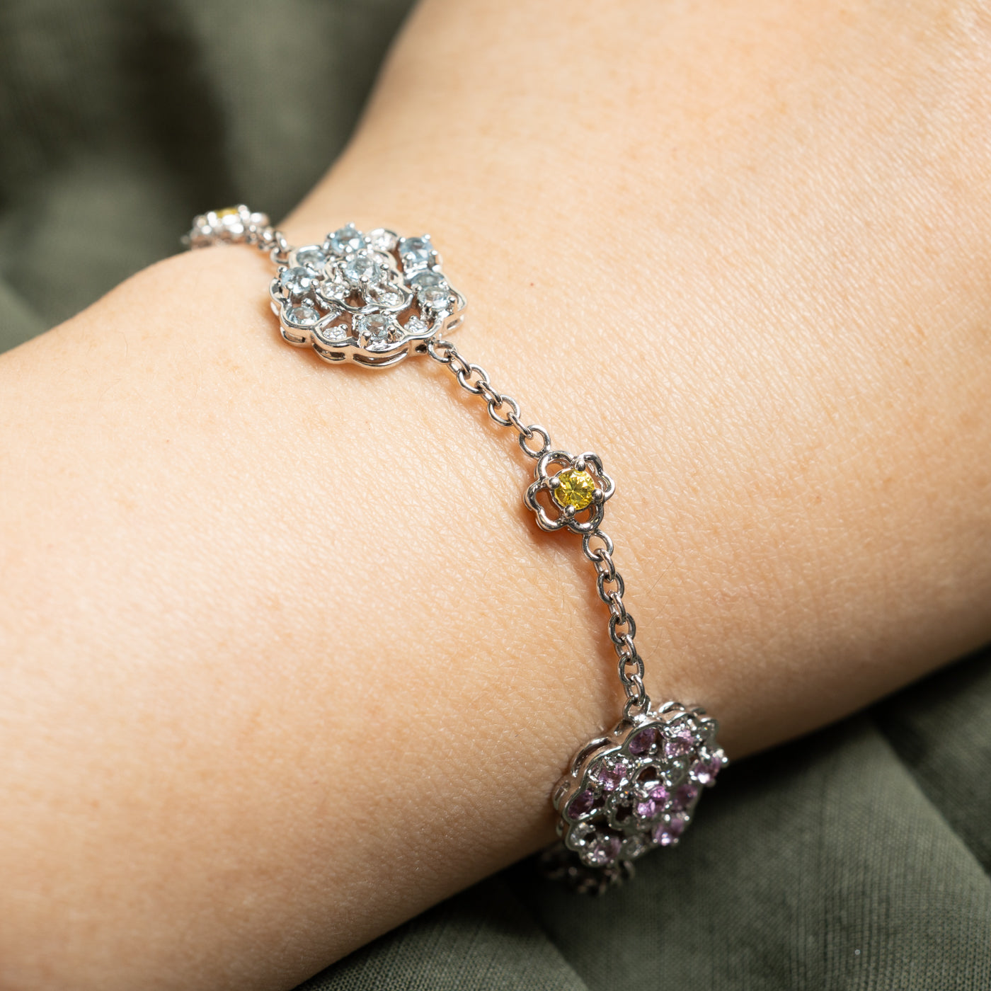 14k Multi Gemstone & Diamond Floral Cluster Bracelet | 1.84ctw, 0.45ctw | 6.5"