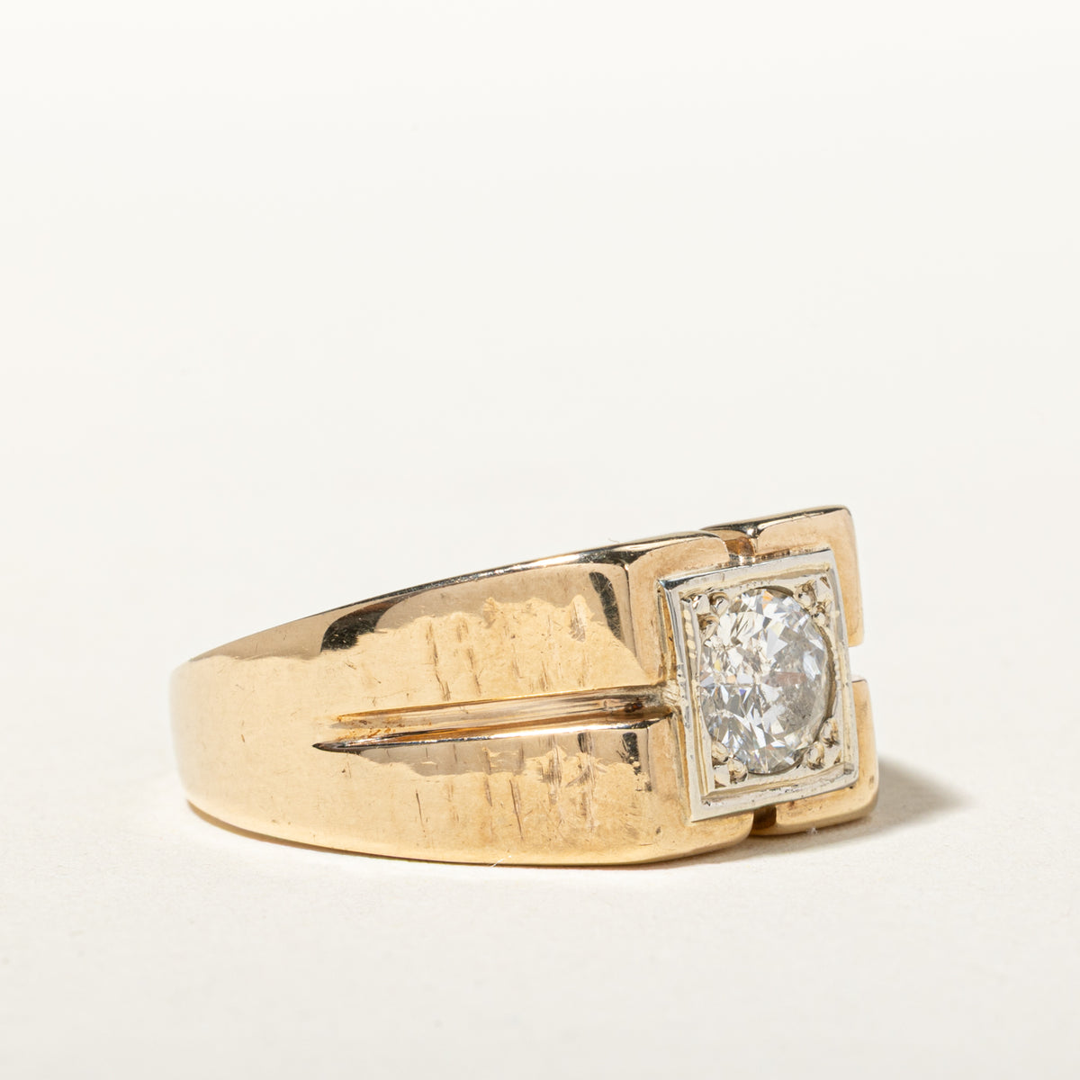 10k Solitaire Diamond Textured Geometric Signet Ring | 1.01ct I2 I-J | SZ 12.25