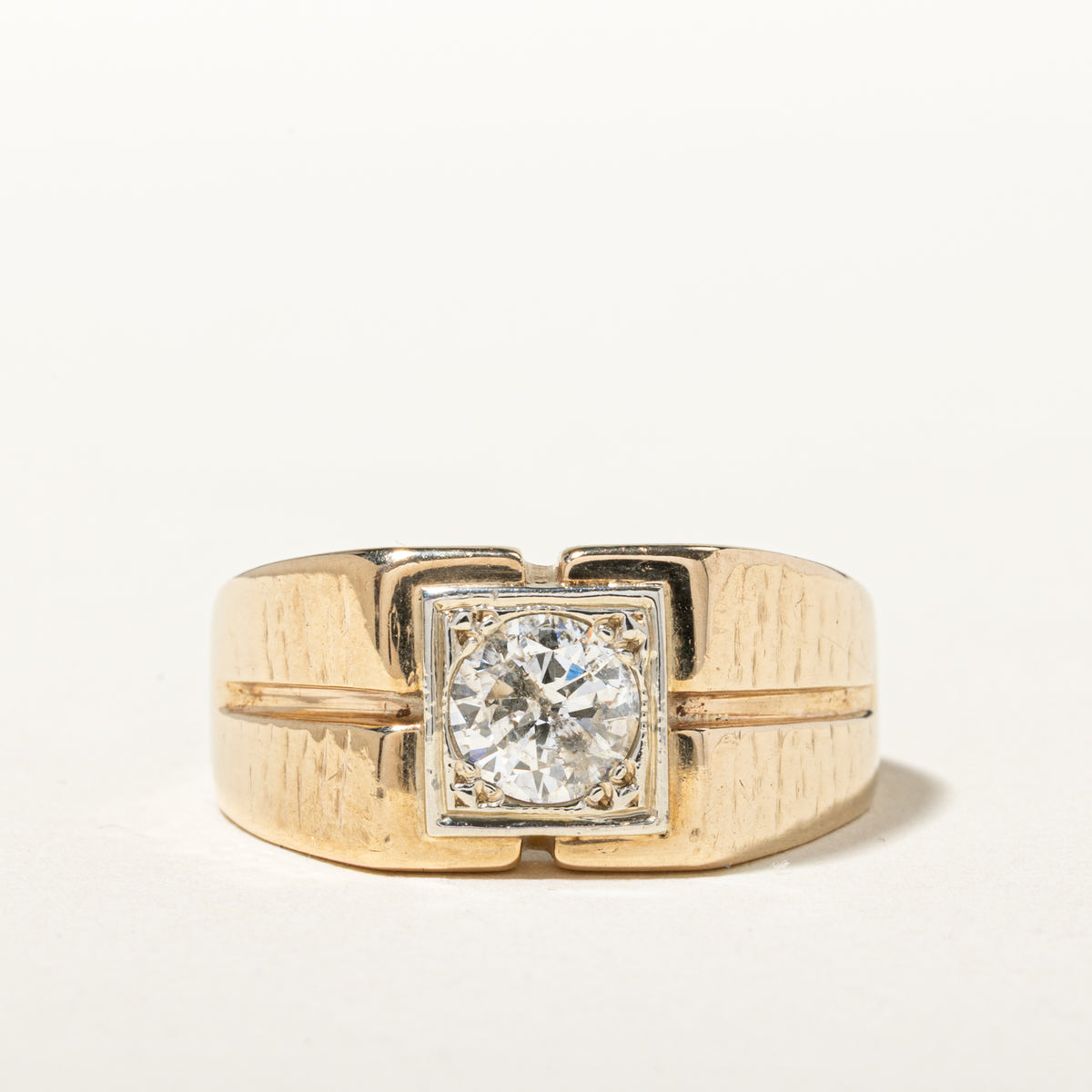 10k Solitaire Diamond Textured Geometric Signet Ring | 1.01ct I2 I-J | SZ 12.25