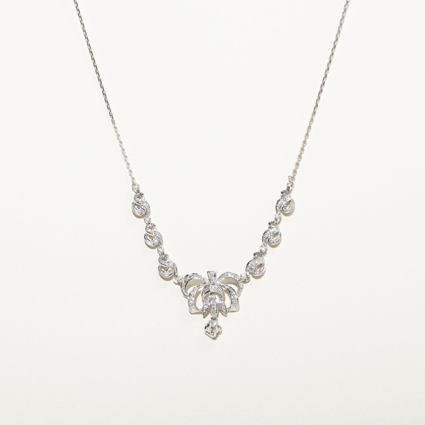 18k Pave Set Diamond Scrollwork Bow Pendant Necklace | 1.03ctw | 17.5"