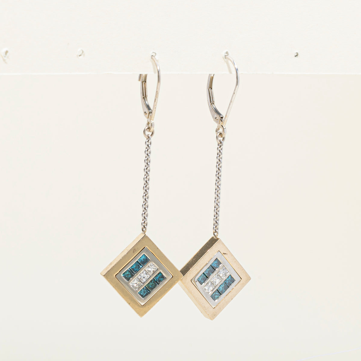 14k Princess Cut White & Blue Diamond Grid Geometric Drop Earrings | 1.39ctw