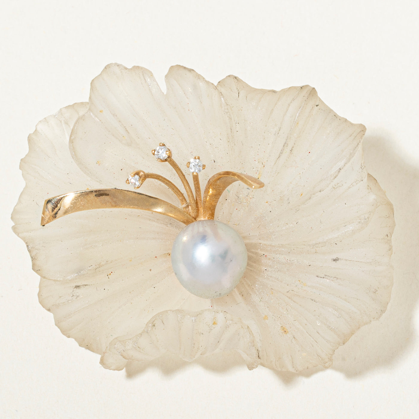 14k Diamond & Pearl Accented Quartz Flower Brooch | 90.00ct, 0.06ctw