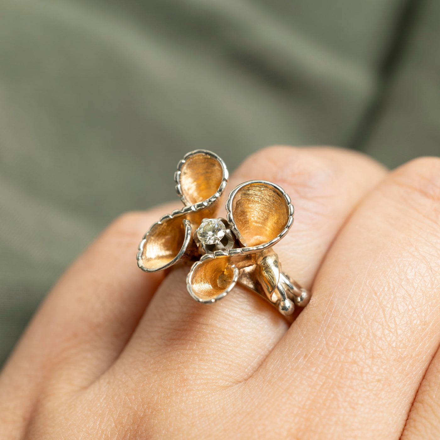 14k Solitaire Diamond Floral Swirl Cocktail Ring | 0.15ct | SZ 6.5