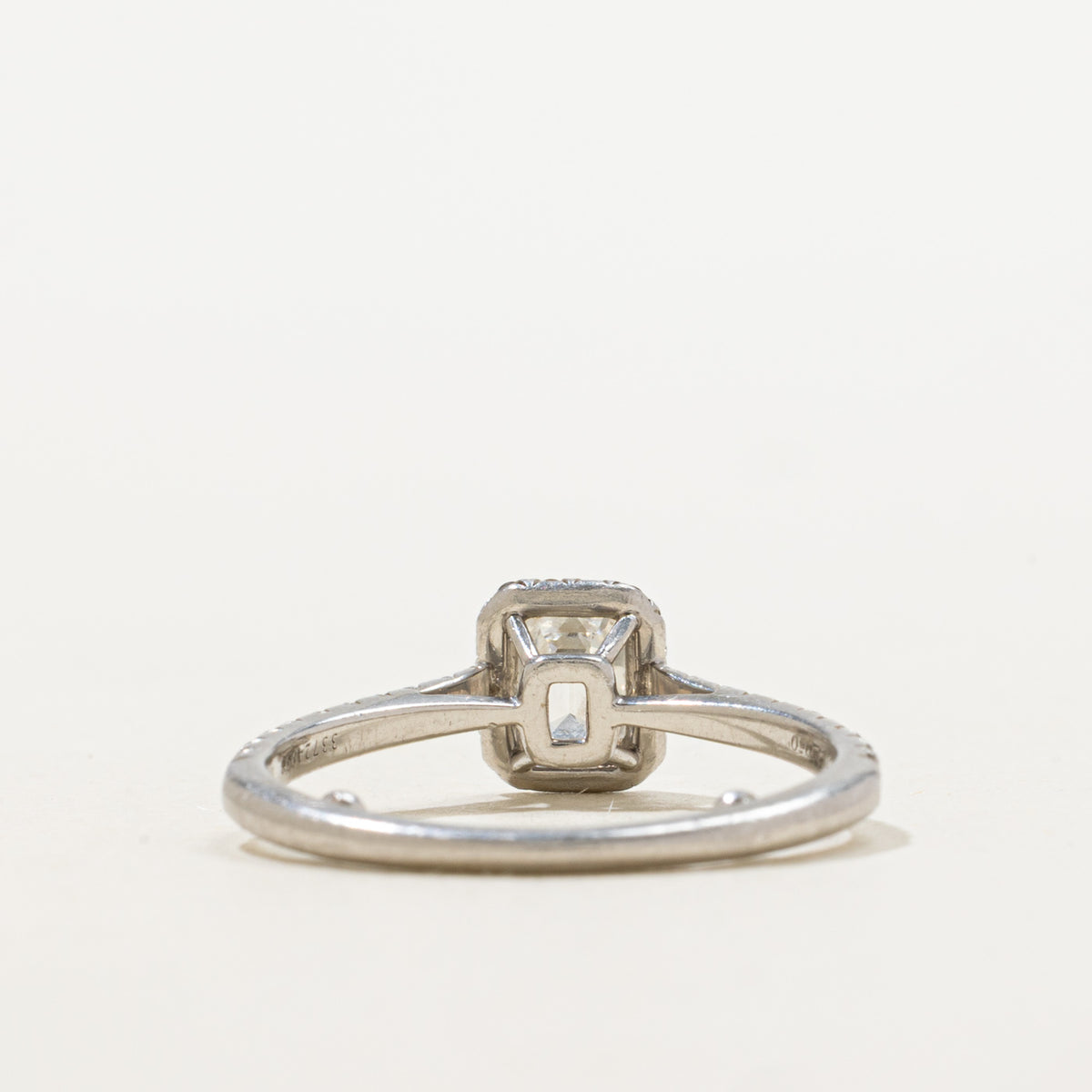 'Tiffany & Co.' Soleste Emerald-cut Halo Engagement Ring with a Diamond Platinum Band | 0.47ct VVS1 I Ex, 0.25ctw | SZ 4.75
