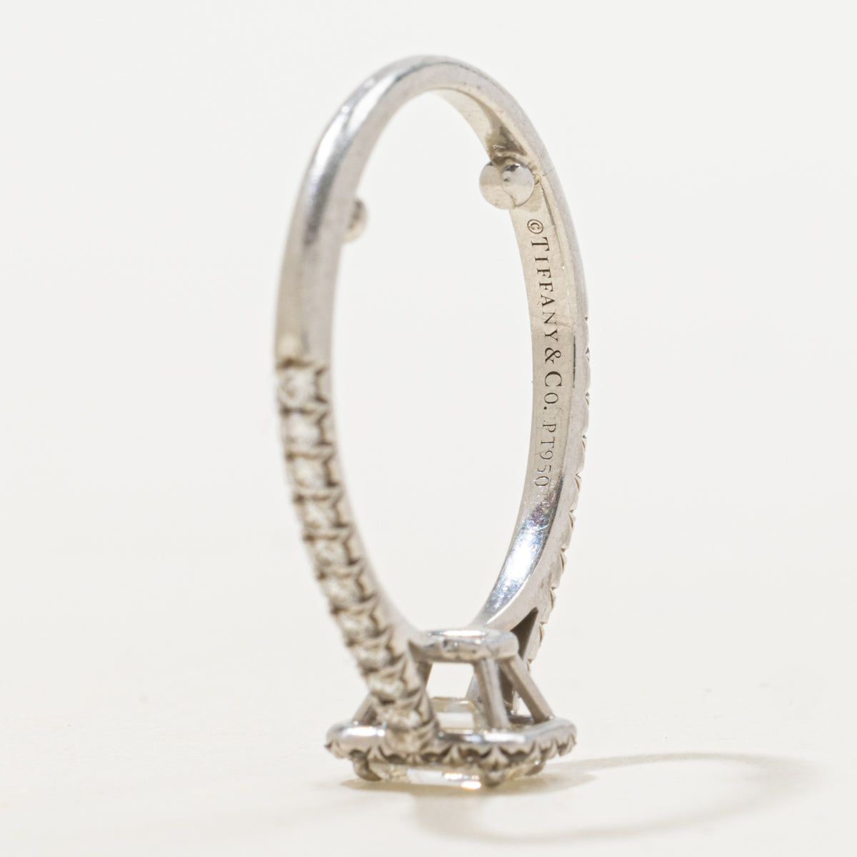 'Tiffany & Co.' Soleste Emerald-cut Halo Engagement Ring with a Diamond Platinum Band | 0.47ct VVS1 I Ex, 0.25ctw | SZ 4.75