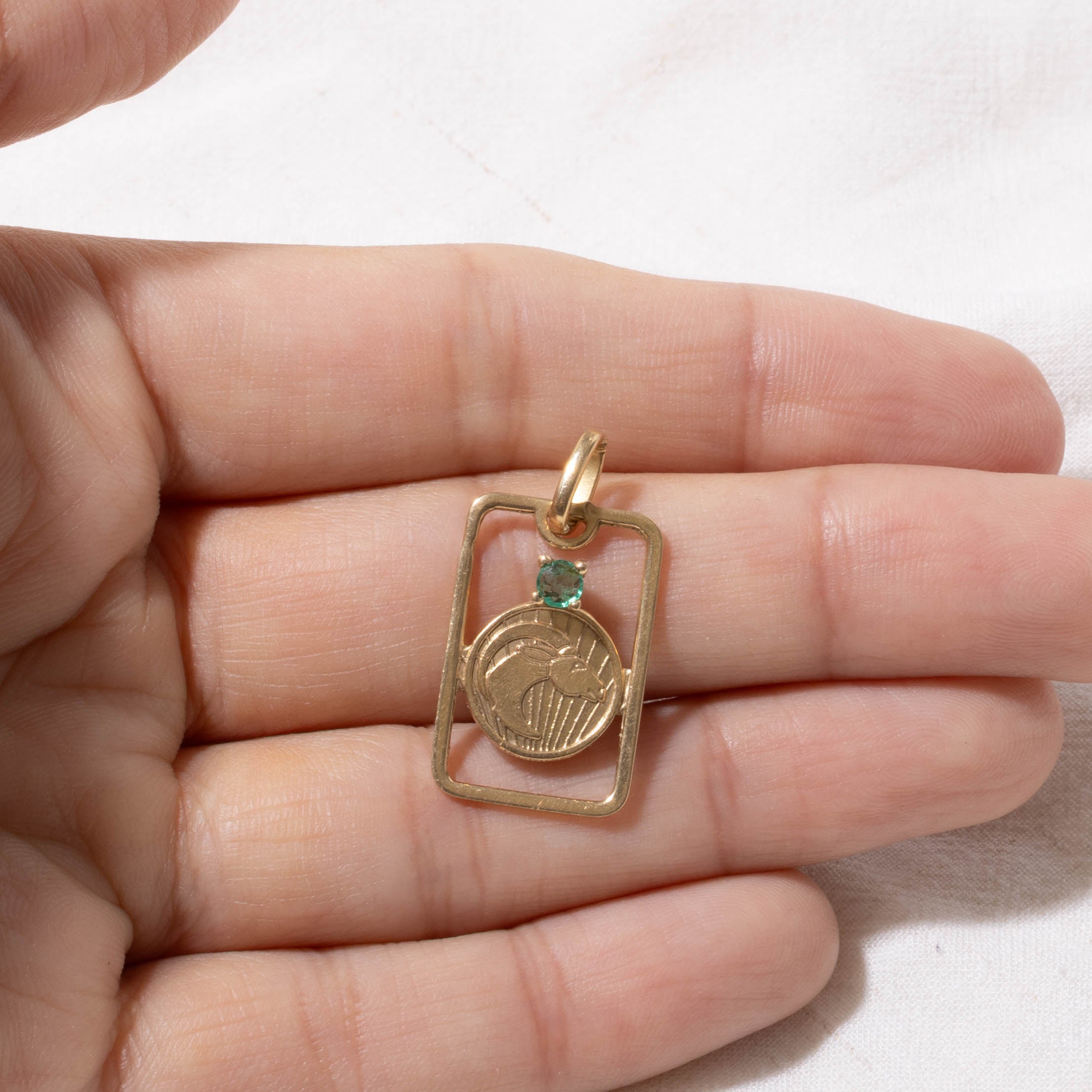 Italian 18k Emerald Aries Zodiac Pendant