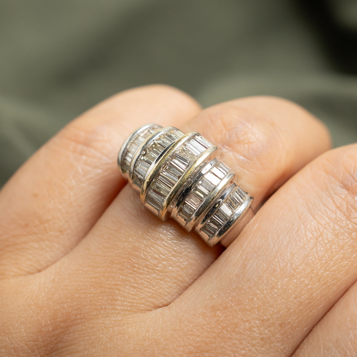 14k Multi Row Baguette Cut Diamond Grooved Dome Ring | 1.47ctw | SZ 7.25