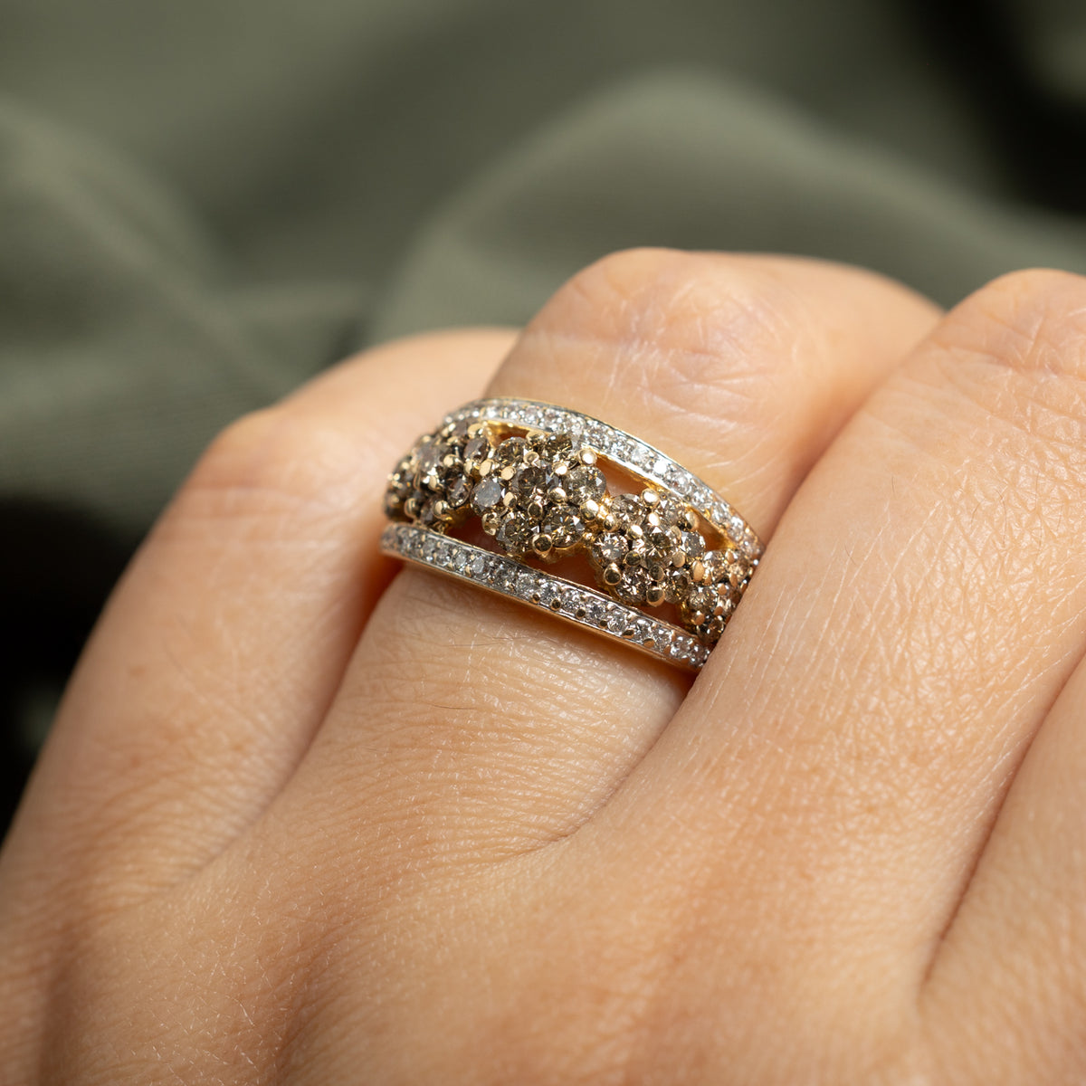 14k Brown & White Diamond Multi Floral Cluster Band | 1.34ctw | 10.00mm | SZ 7