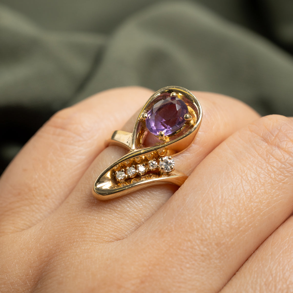 14k Amethyst & Diamond Abstract Bypass Ring | 1.46ct, 0.15ctw | SZ 7