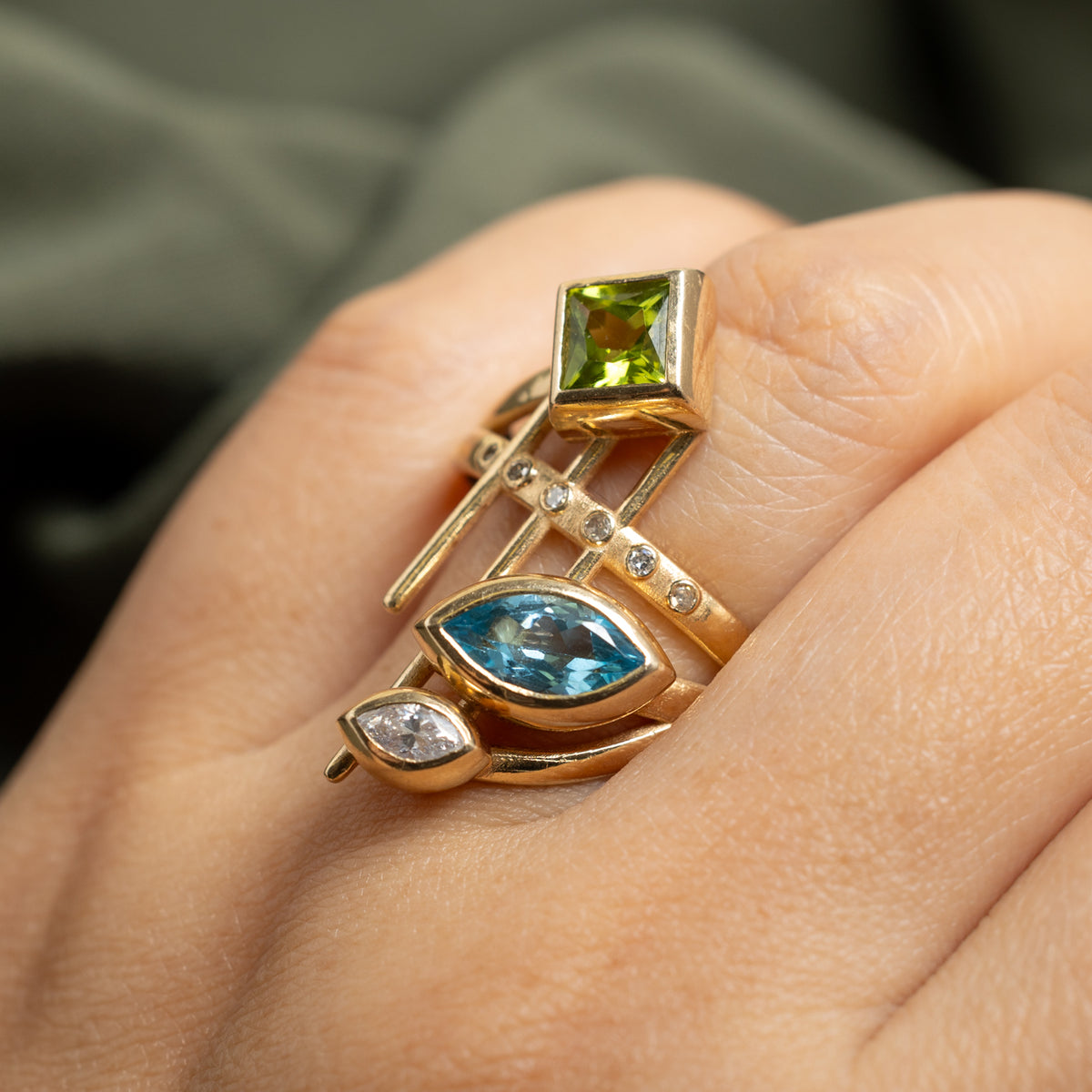14k Bezel Set Blue Topaz, Peridot & Diamond Abstract Cocktail Ring | 2.74ctw, 0.30ctw | SZ 10.5