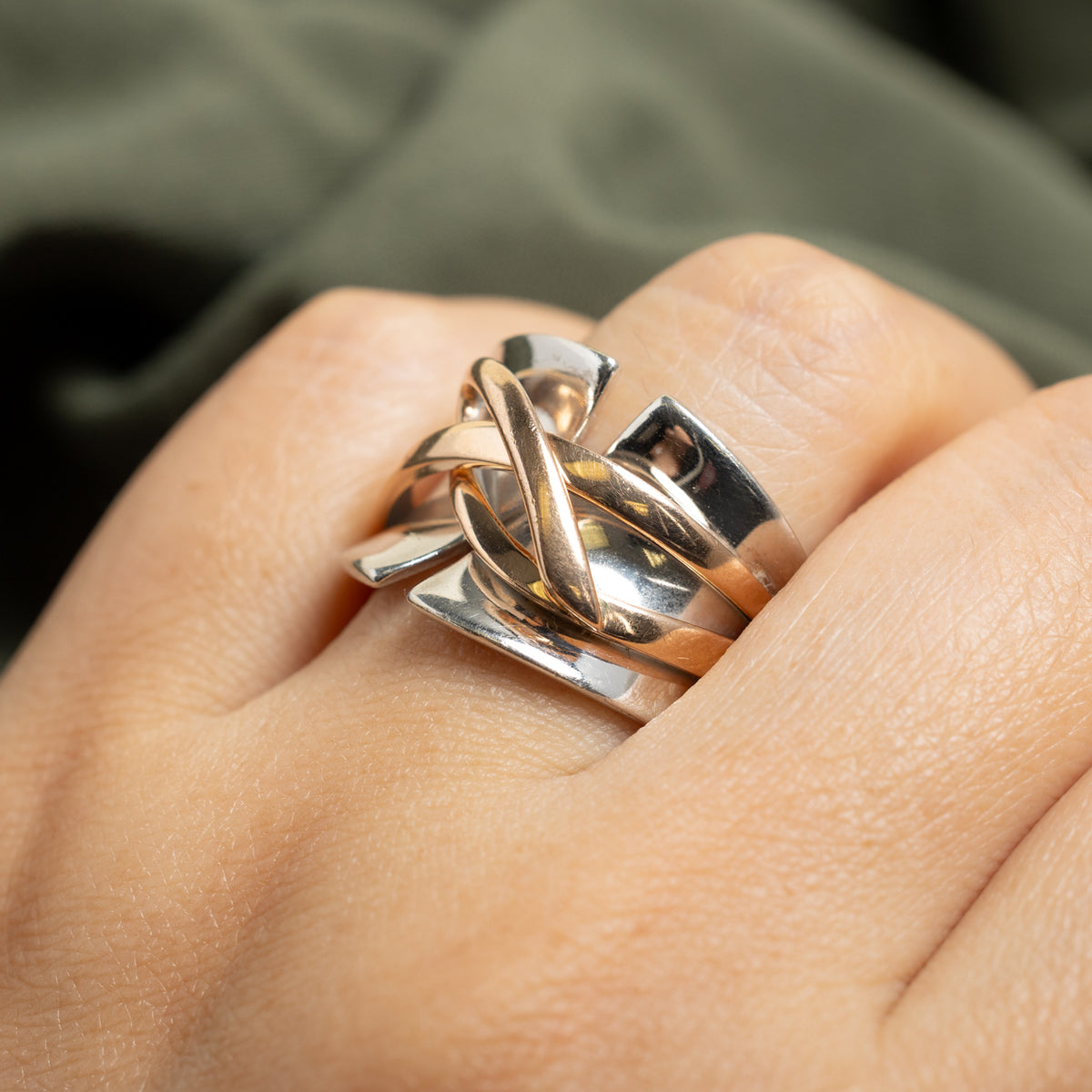 14k White & Rose Gold Woven & Grooved Twisted Ring | SZ 7.75