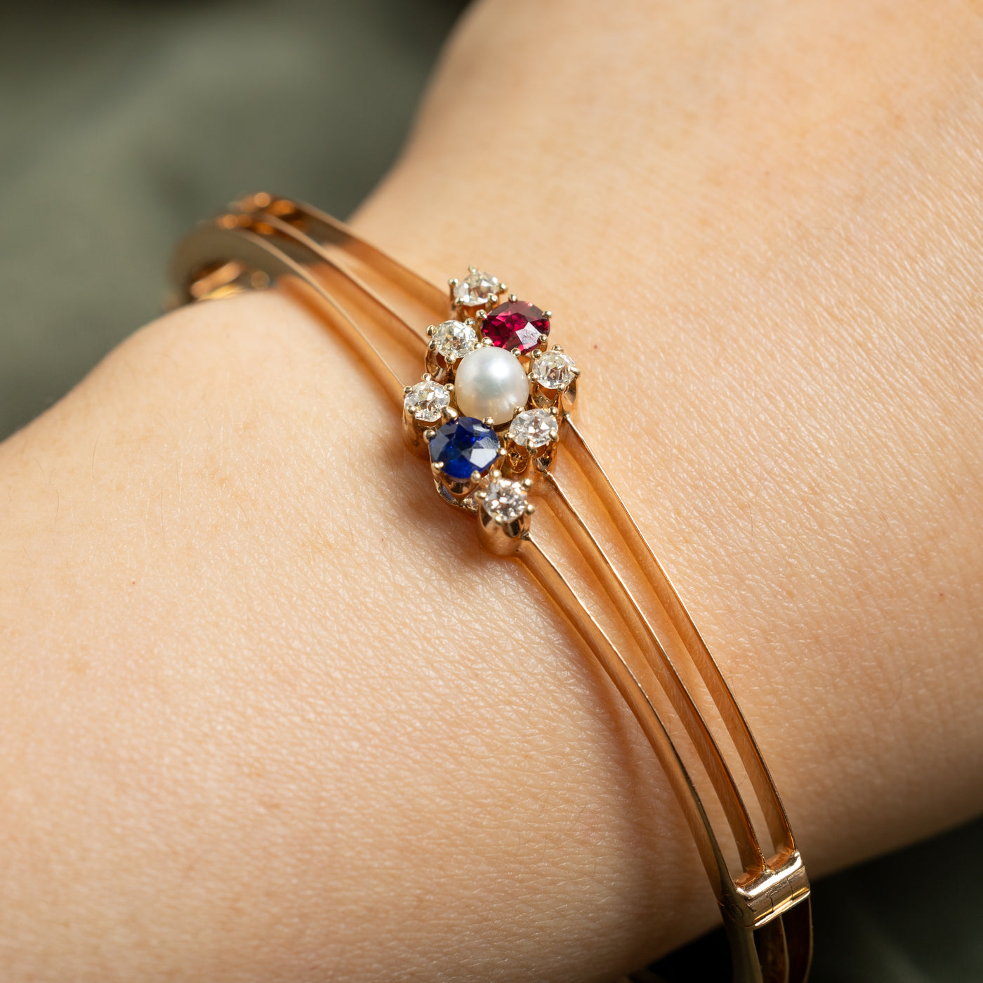 14k Ruby, Sapphire, Diamond & Pearl Cluster Bangle | 0.72ctw, 0.51ctw | 2.75"