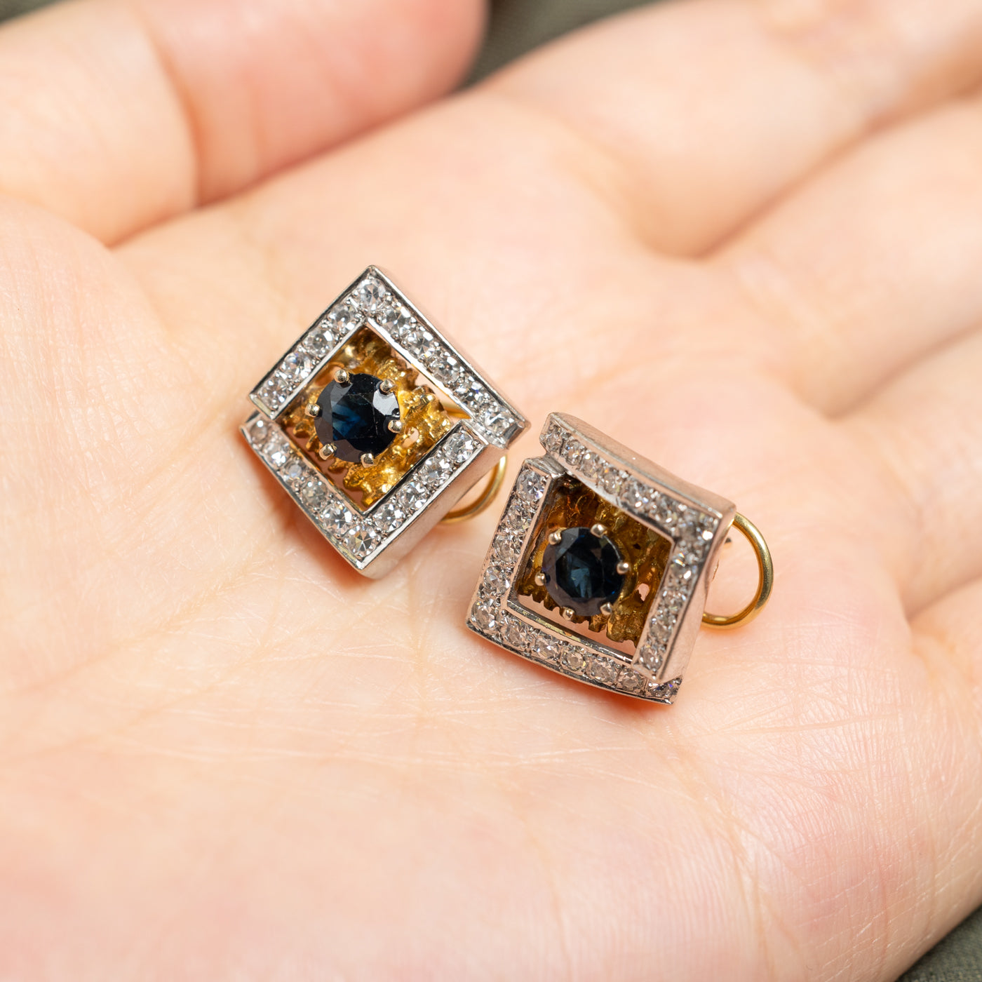 14k Two Tone Sapphire & Diamond Textured Geometric Stud Earrings | 1.42ctw, 0.99ctw