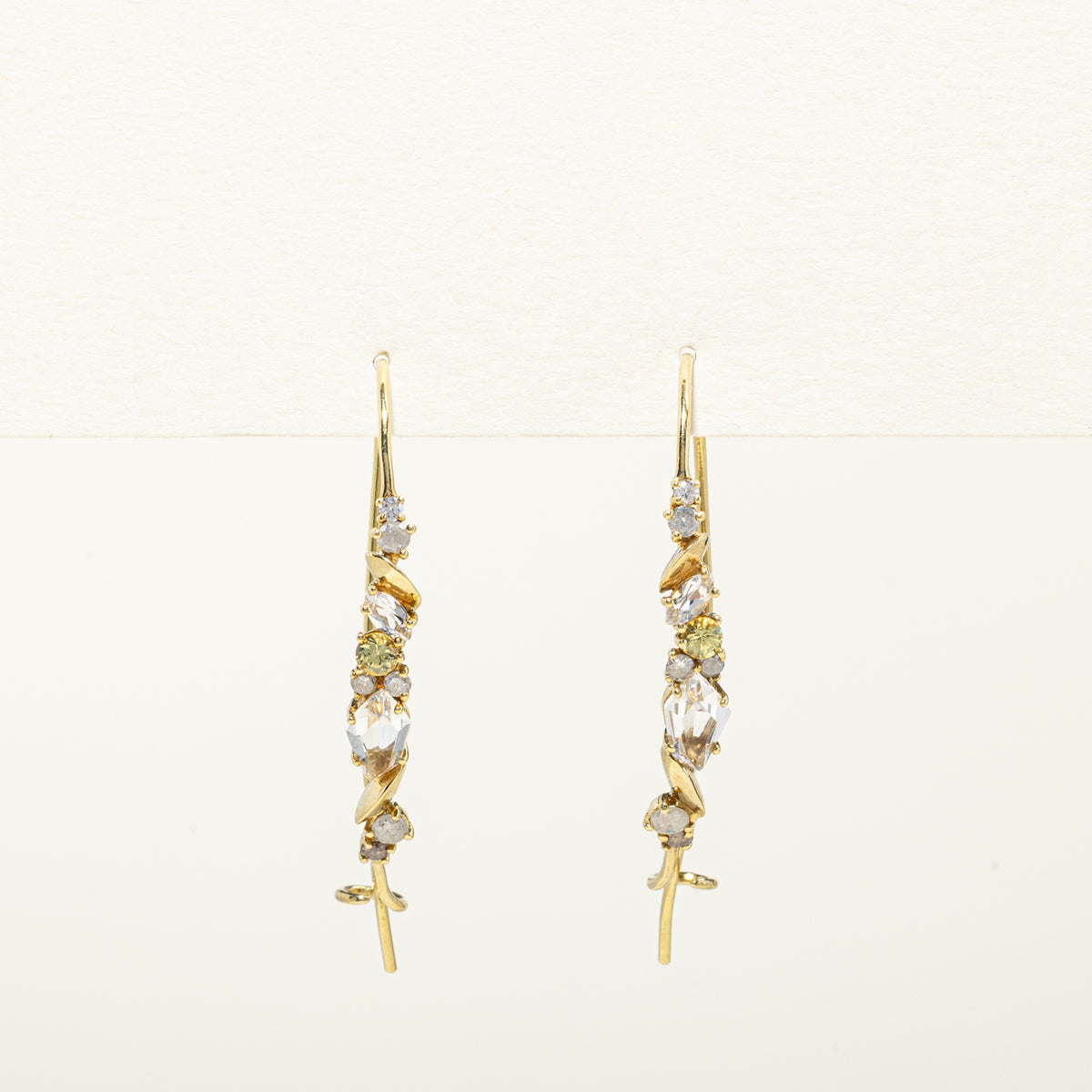 18k Scattered Diamond, Citrine & Quartz Abstract Drop Earrings | 0.32ctw