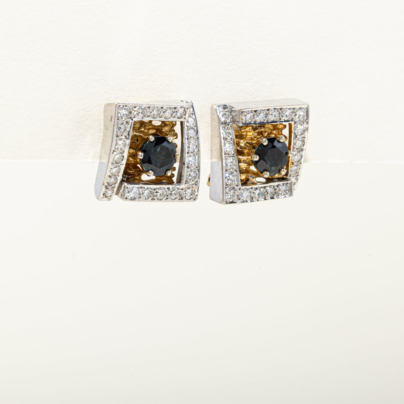 14k Two Tone Sapphire & Diamond Textured Geometric Stud Earrings | 1.42ctw, 0.99ctw
