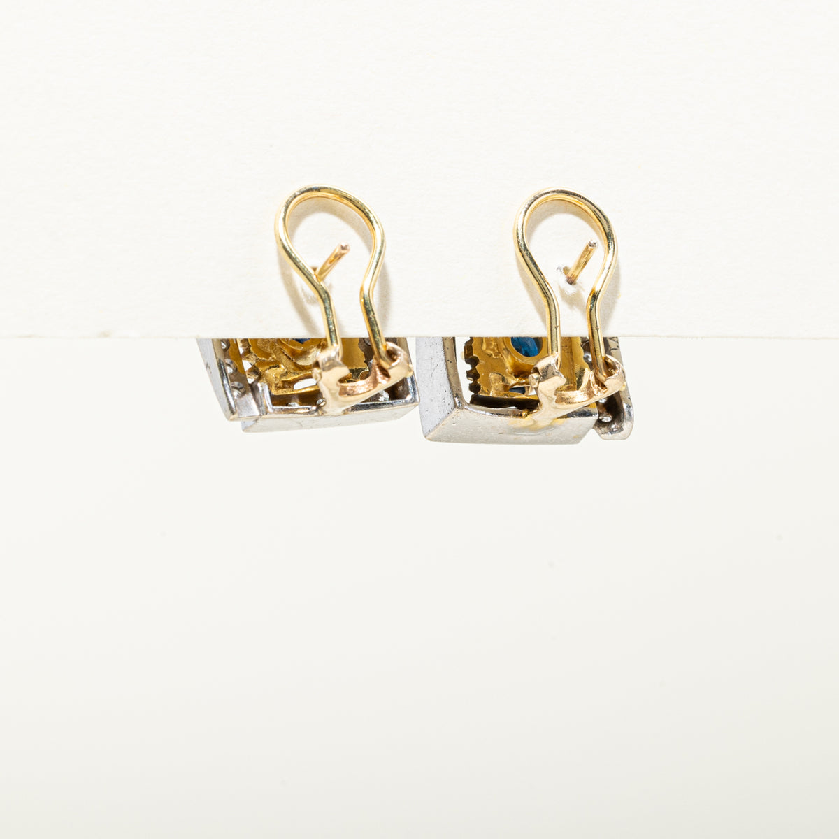 14k Two Tone Sapphire & Diamond Textured Geometric Stud Earrings | 1.42ctw, 0.99ctw