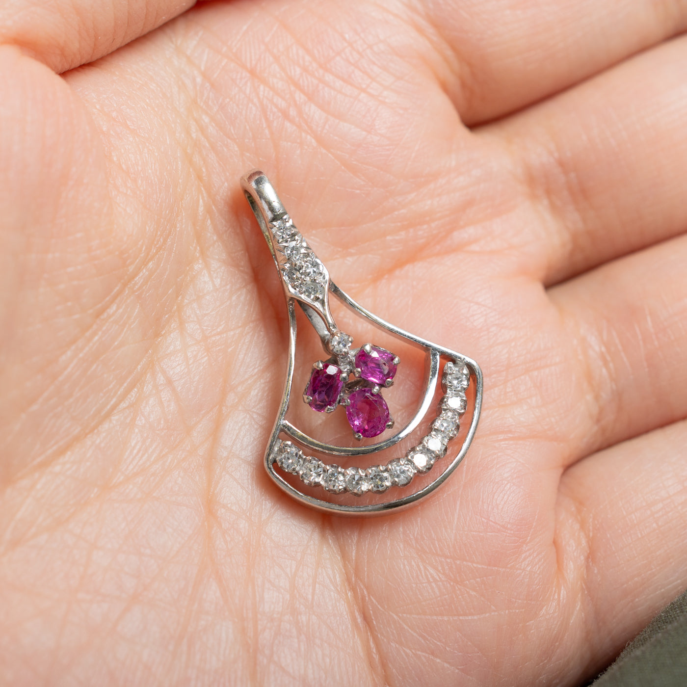 18k Three Stone Ruby & Diamond Openwork Geometric Pendant | 0.48ctw, 0.34ctw