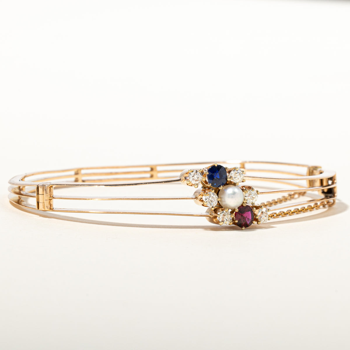 14k Ruby, Sapphire, Diamond & Pearl Cluster Bangle | 0.72ctw, 0.51ctw | 2.75"
