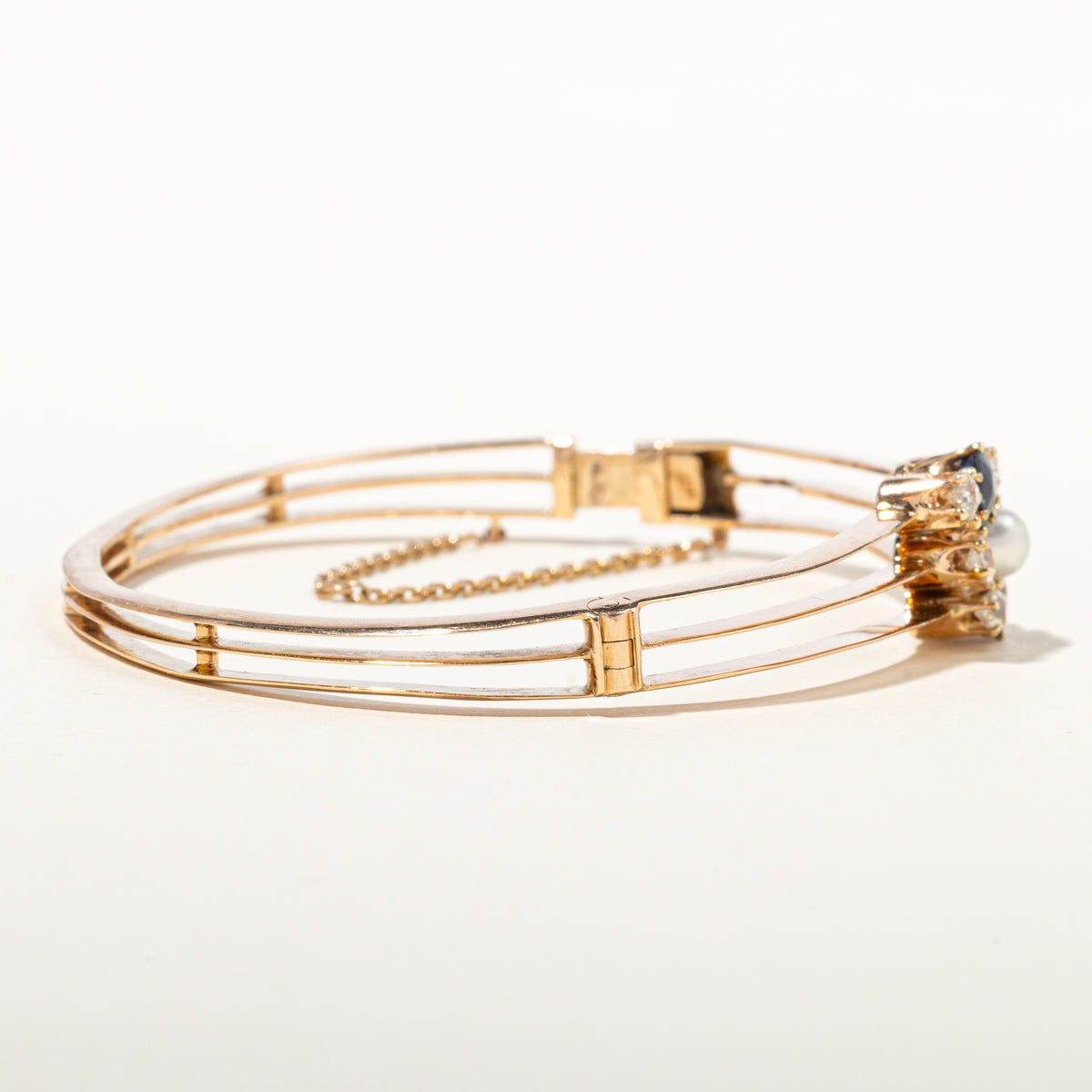 14k Ruby, Sapphire, Diamond & Pearl Cluster Bangle | 0.72ctw, 0.51ctw | 2.75"