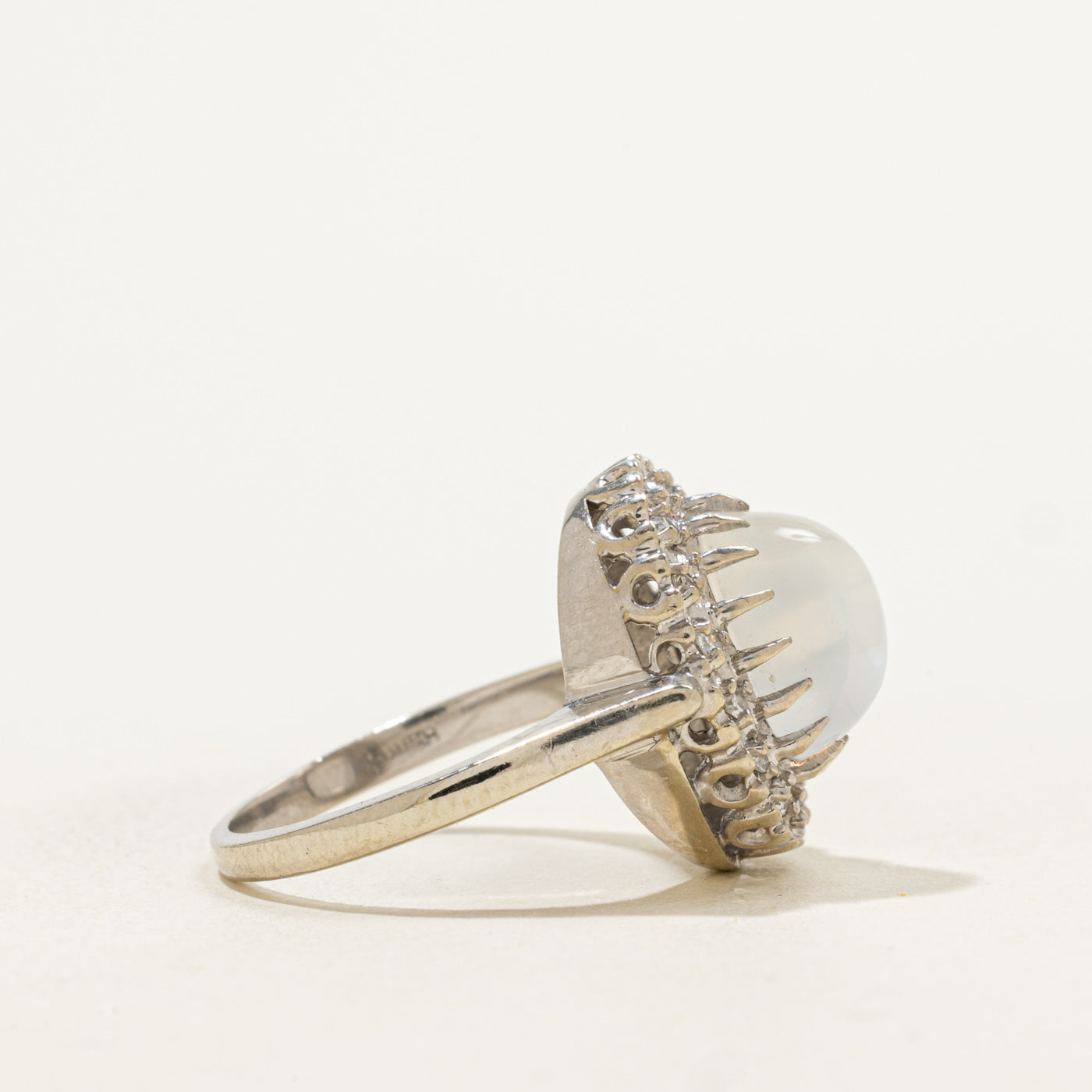 Mid-Century 14k Moonstone & Single Cut Diamond Halo Ring | 3.25ct, 0.16ctw | SZ 5.5