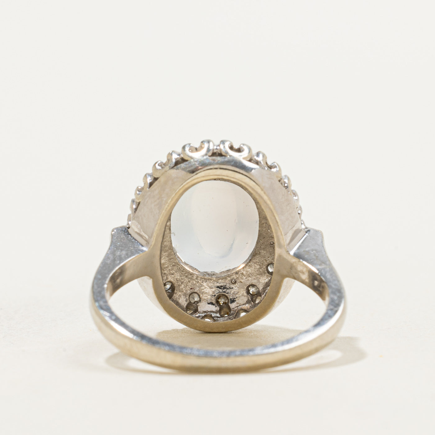 Mid-Century 14k Moonstone & Single Cut Diamond Halo Ring | 3.25ct, 0.16ctw | SZ 5.5