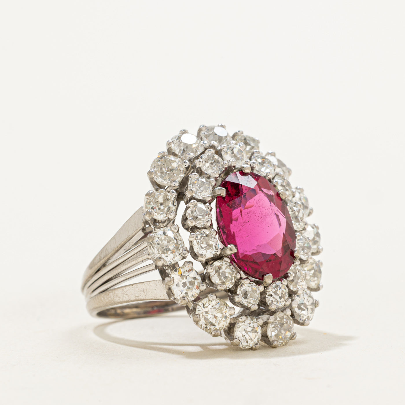 18k Oval Rubellite & Antique Cut Diamond Halo Ring | 3.35ct, 2.63ctw | SZ 4.25