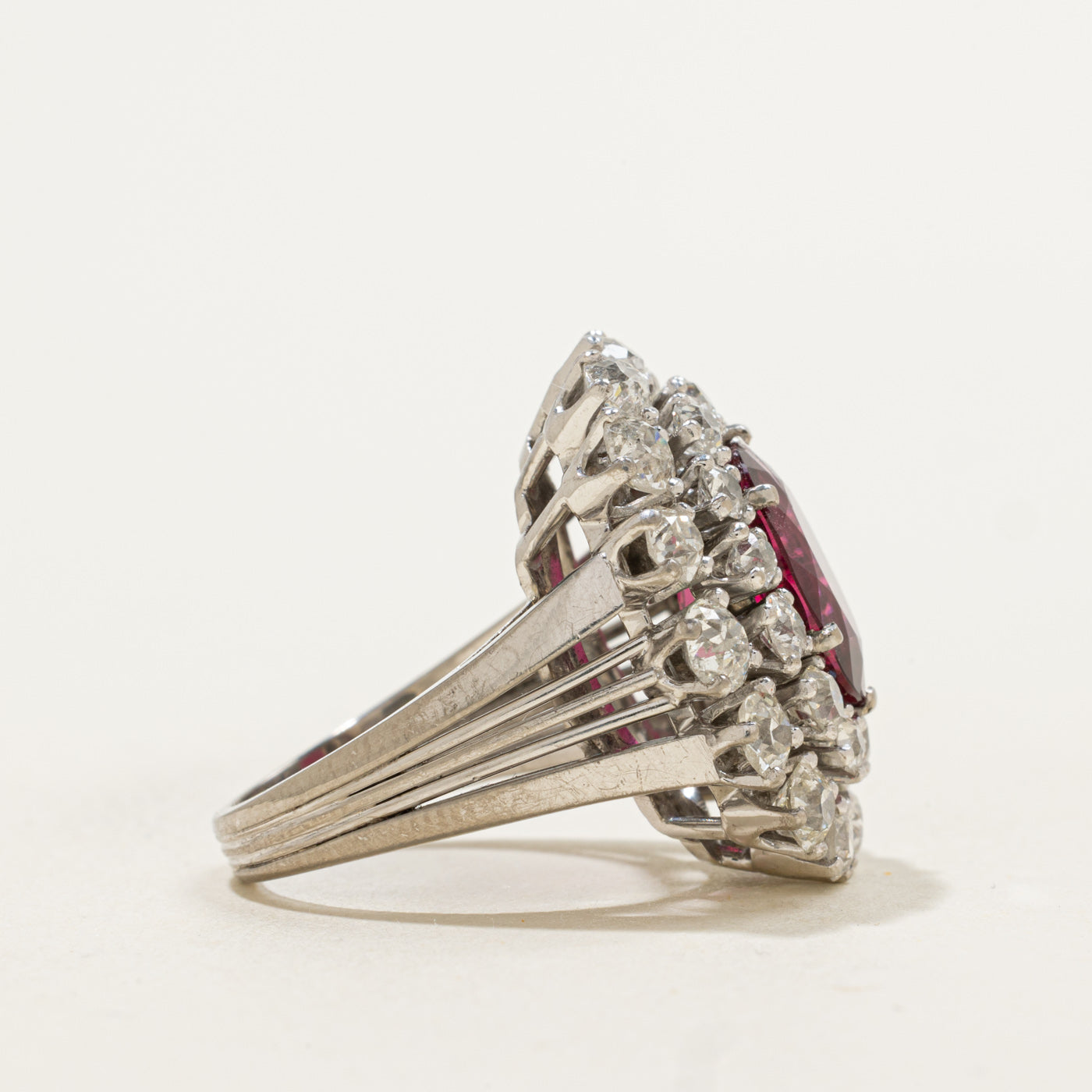 18k Oval Rubellite & Antique Cut Diamond Halo Ring | 3.35ct, 2.63ctw | SZ 4.25