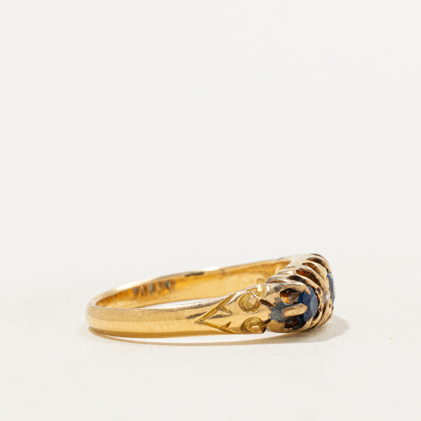 1918 Birmingham 18k Antique Cut Sapphire & Diamond Boat Ring | 0.40ctw, 0.04ctw | SZ 6.5