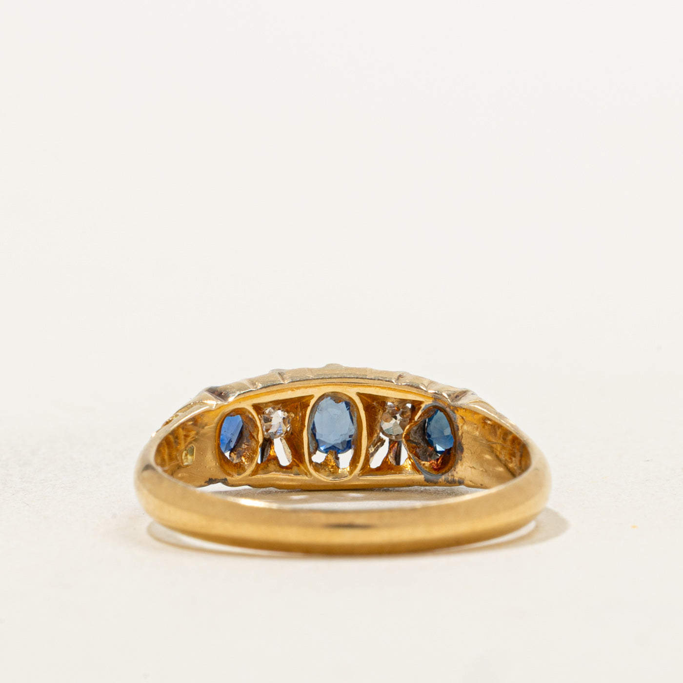 1918 Birmingham 18k Antique Cut Sapphire & Diamond Boat Ring | 0.40ctw, 0.04ctw | SZ 6.5