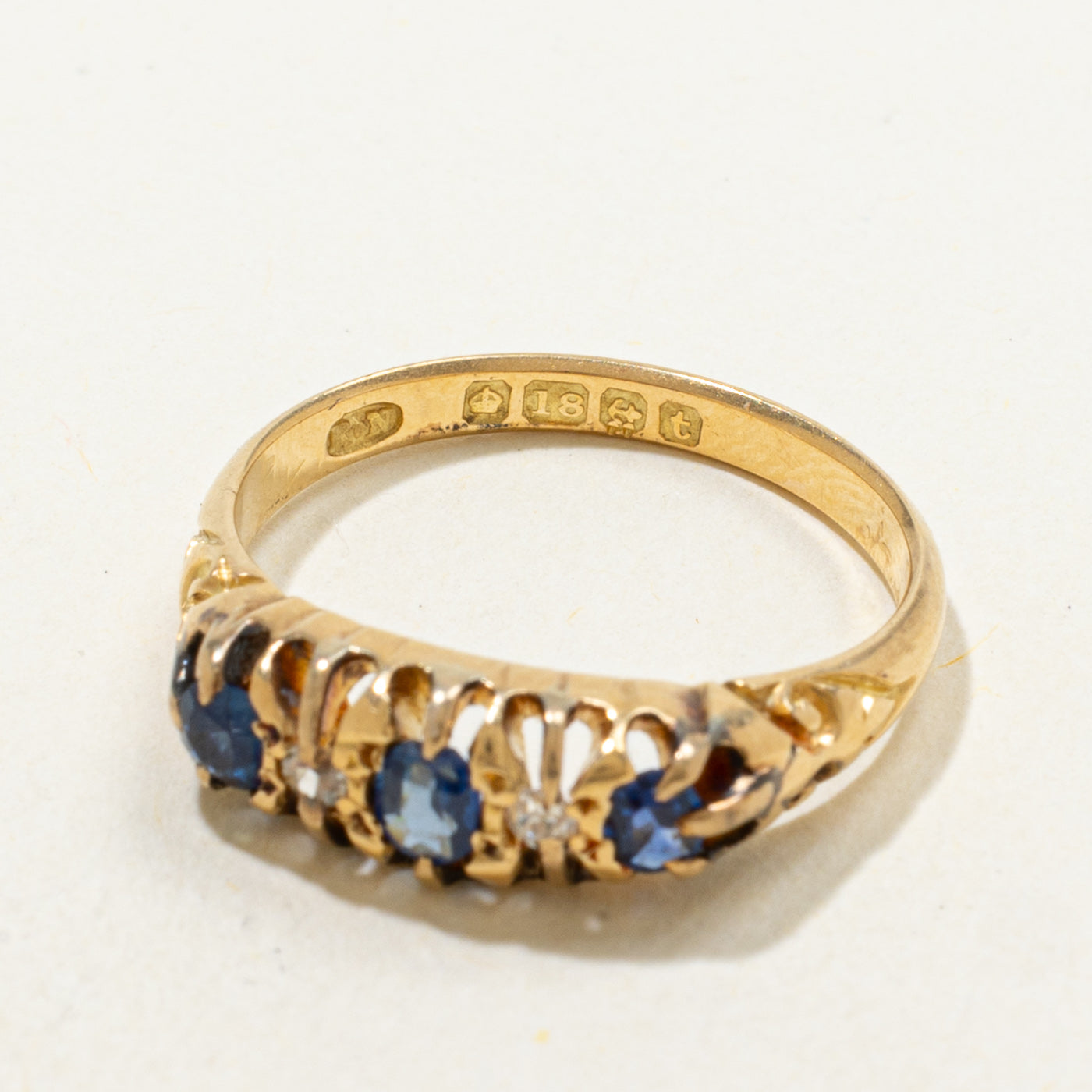 1918 Birmingham 18k Antique Cut Sapphire & Diamond Boat Ring | 0.40ctw, 0.04ctw | SZ 6.5
