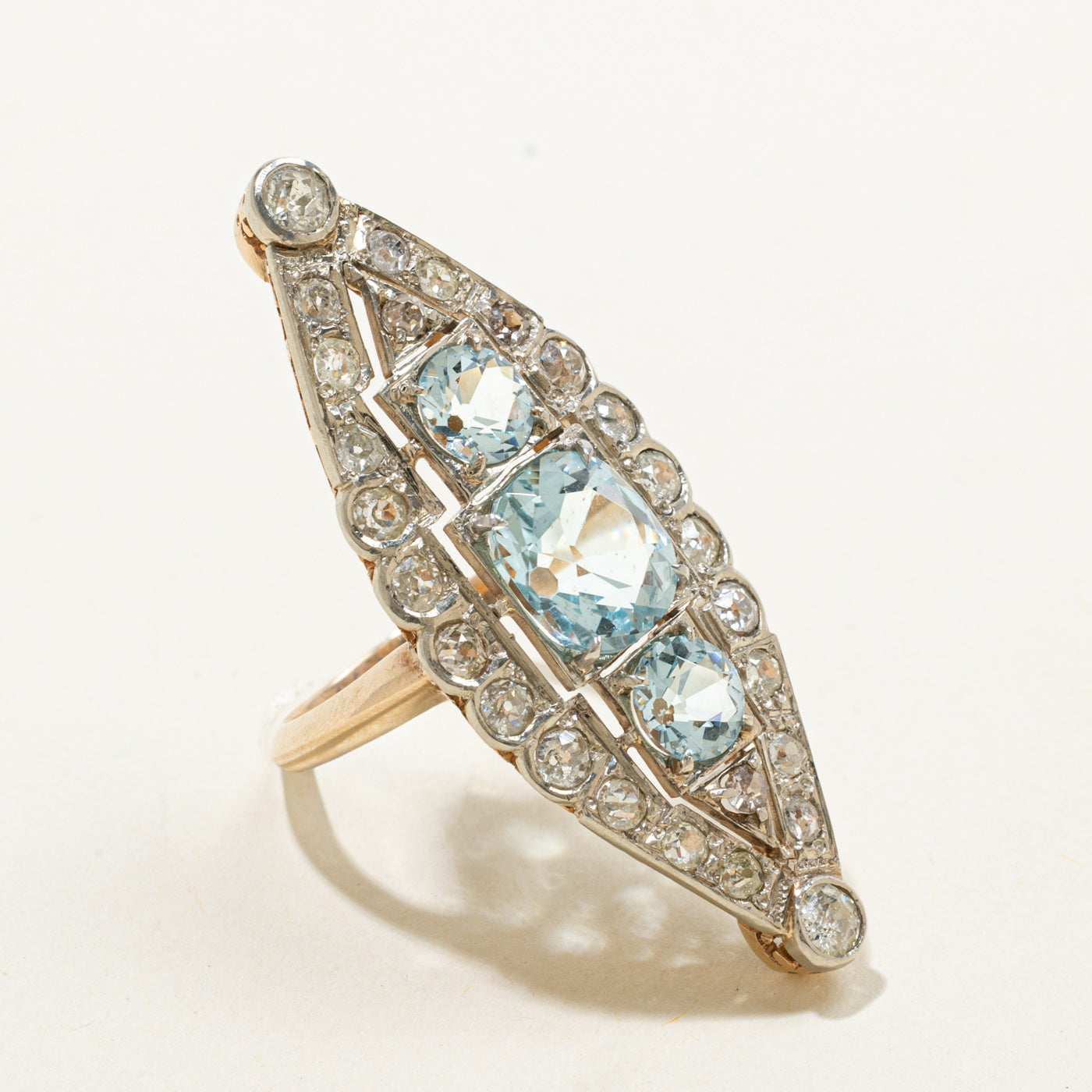 Art Deco 14k Aquamarine Old European & Antique Cut Diamond Navette Ring | 1.70ctw, 4.20ctw | SZ 7.25