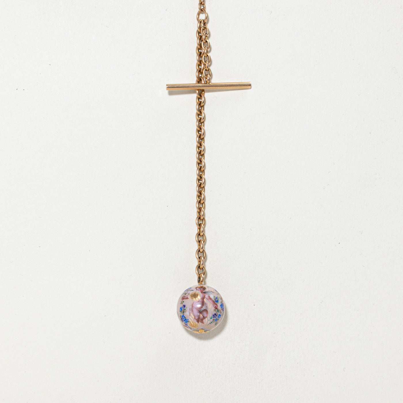 Mid-Century 14k Hand-Painted Enamel Cherub & Floral Globe Fob Charm | 6"