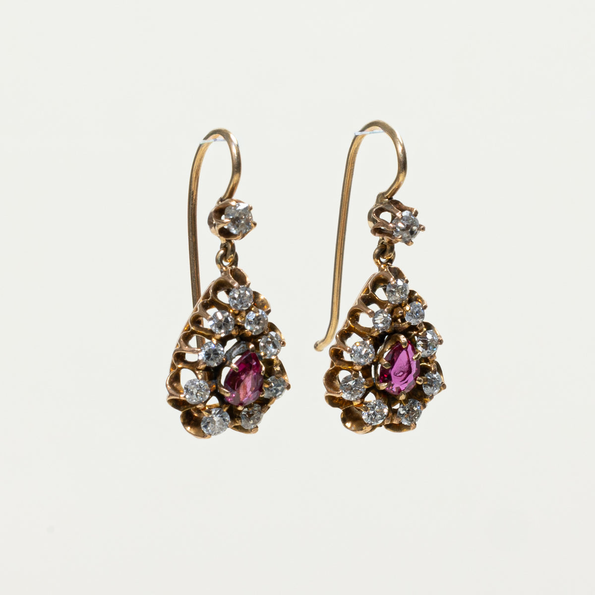 Edwardian 14k Ruby Old Mine & Old European Cut Diamond Drop Earrings | 0.40ctw, 0.60ctw