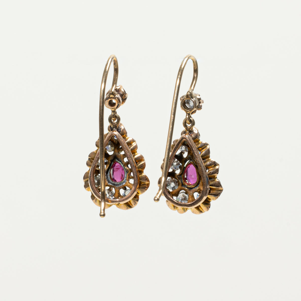 Edwardian 14k Ruby Old Mine & Old European Cut Diamond Drop Earrings | 0.40ctw, 0.60ctw