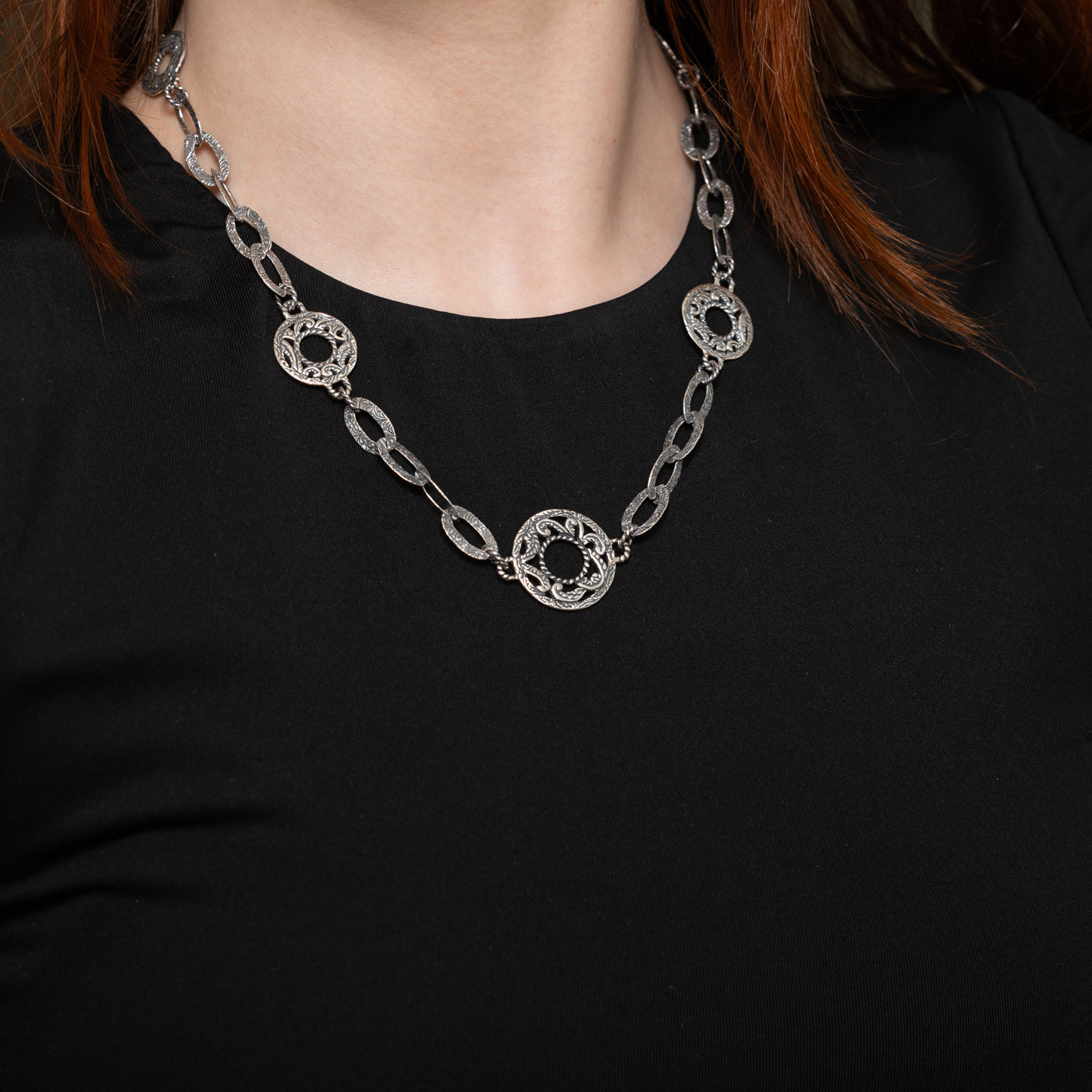 Sterling Silver Scollwork Engraved Disc Necklace | 20"