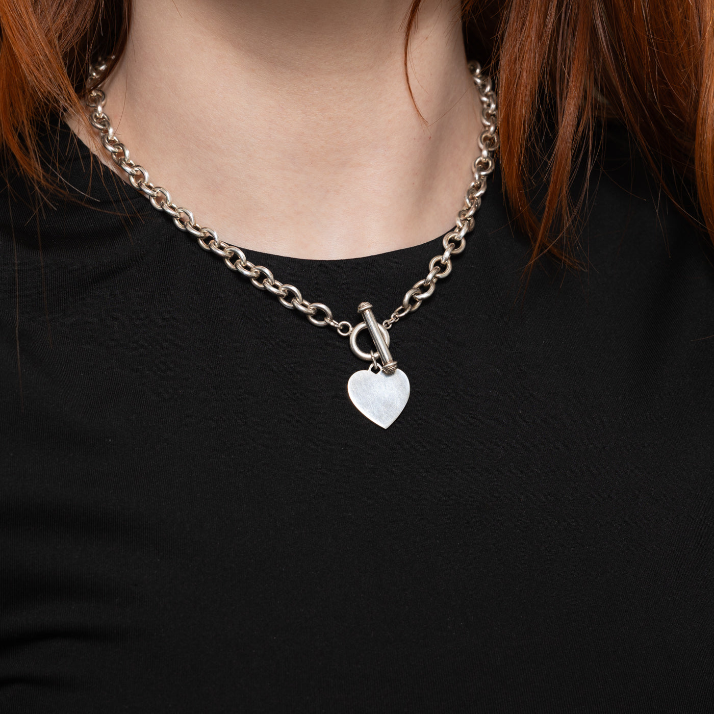 Sterling Silver Heart Charm Toggle Clasp Necklace | 17"