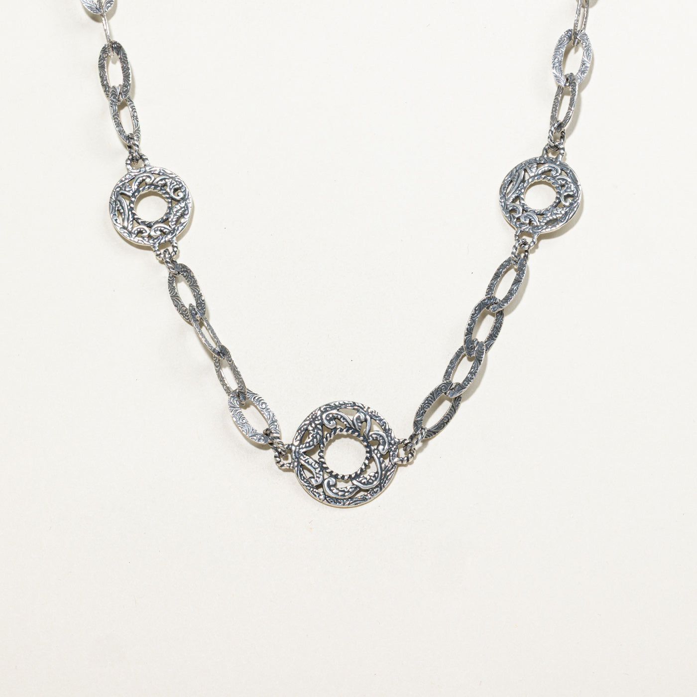 Sterling Silver Scollwork Engraved Disc Necklace | 20"