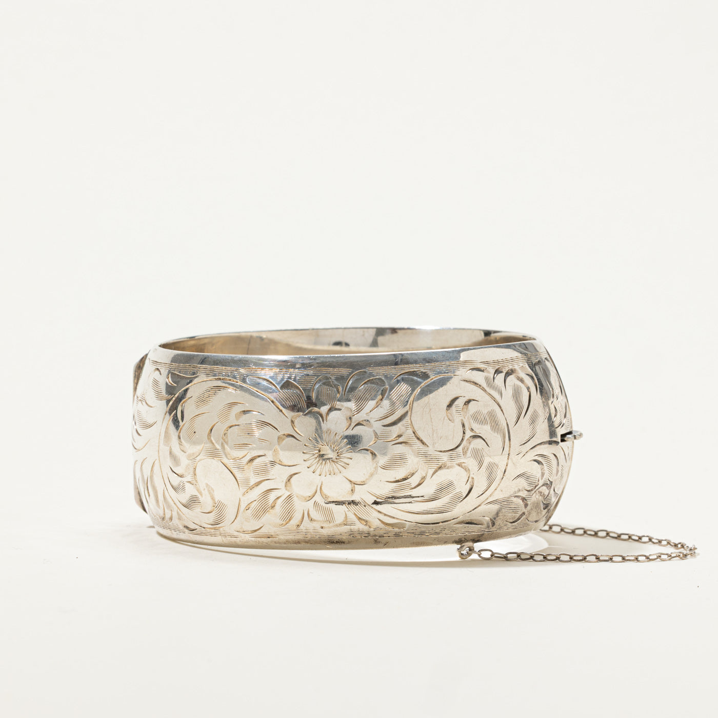 Sterling Silver Floral Engraved Bangle Bracelet | 7.5"