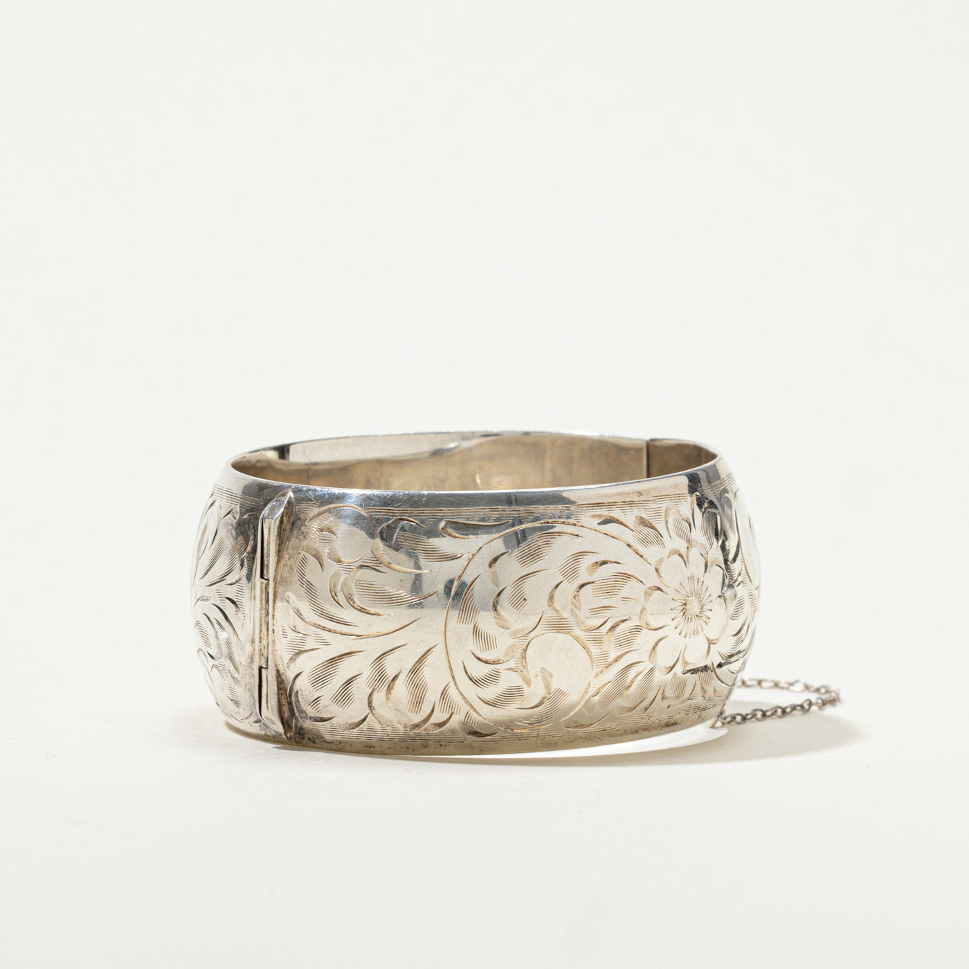 Sterling Silver Floral Engraved Bangle Bracelet | 7.5"