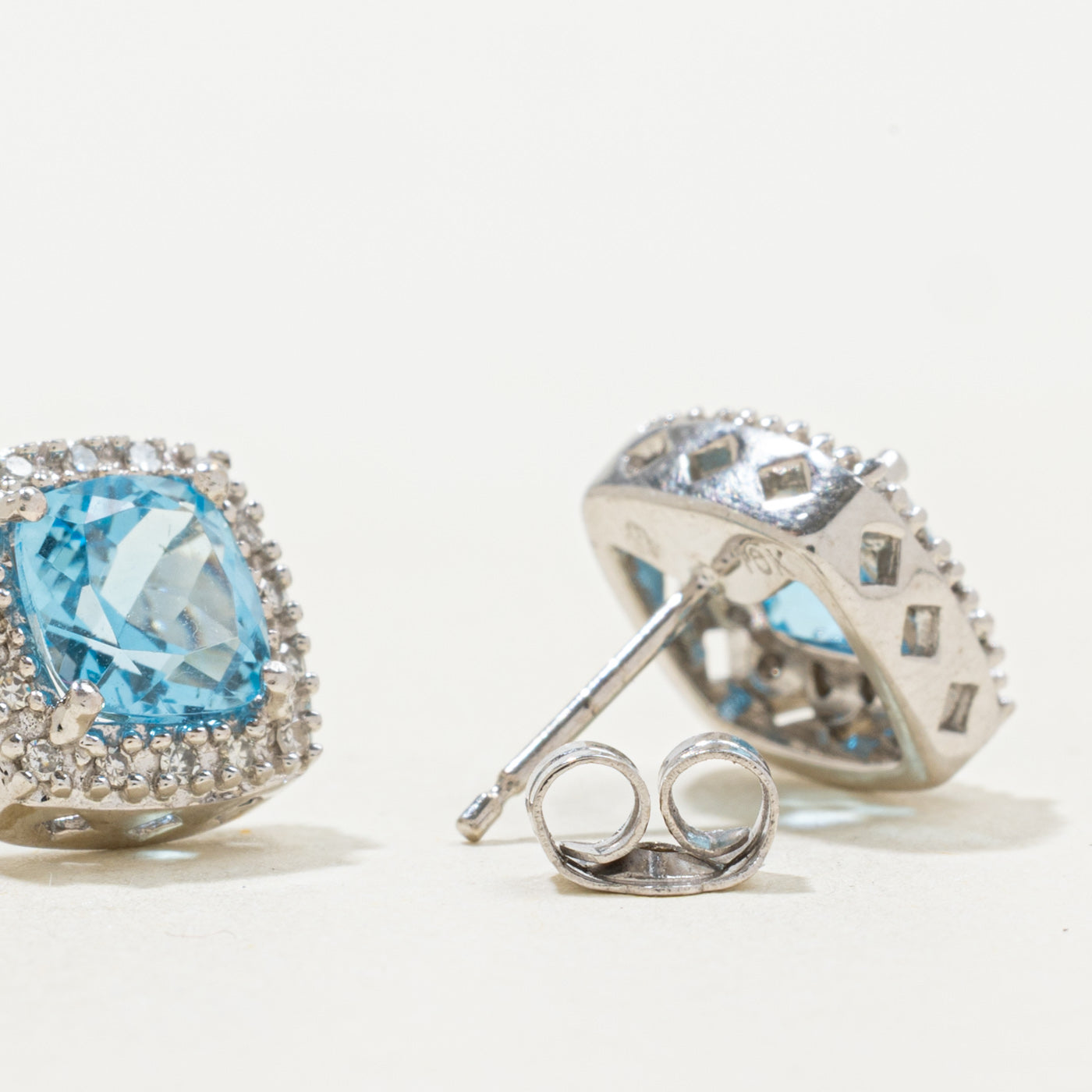 Blue Topaz & Diamond Halo Stud Earrings | 2.00ctw, 0.07ctw