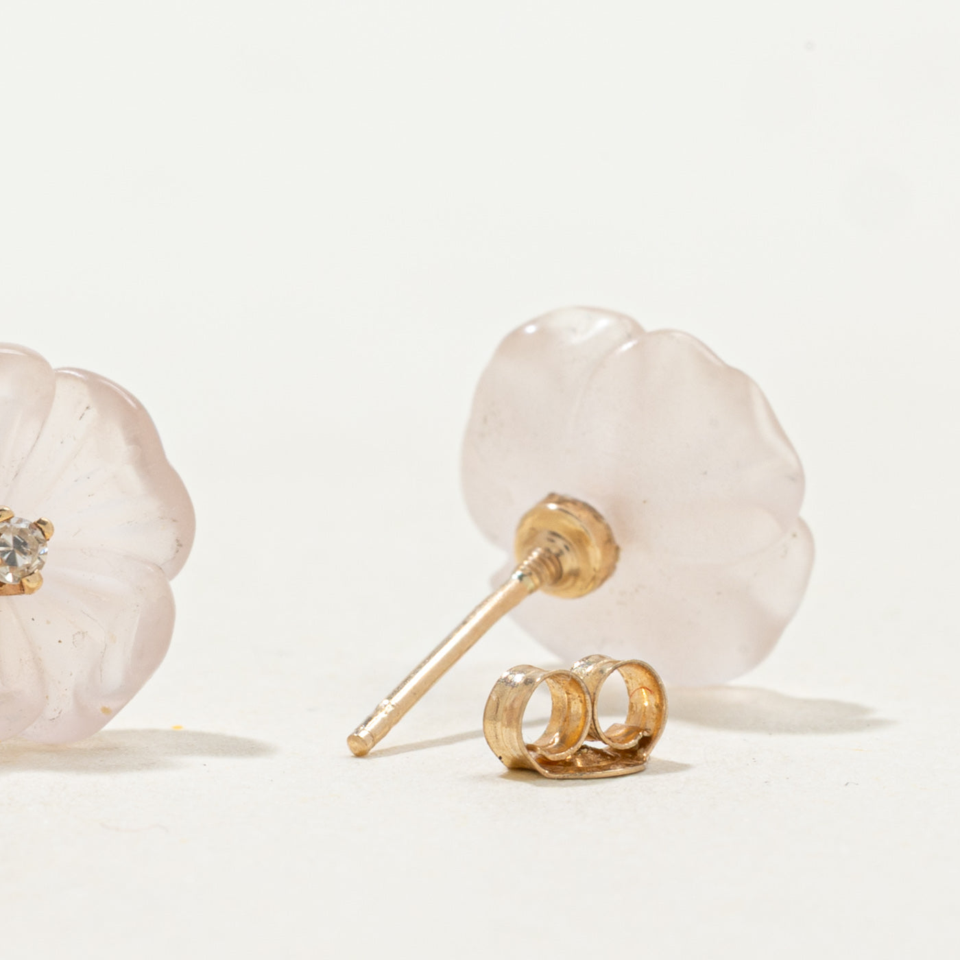 Carved Rose Quartz & White Sapphire Flower Stud Earrings | 2.75ctw, 0.025ctw