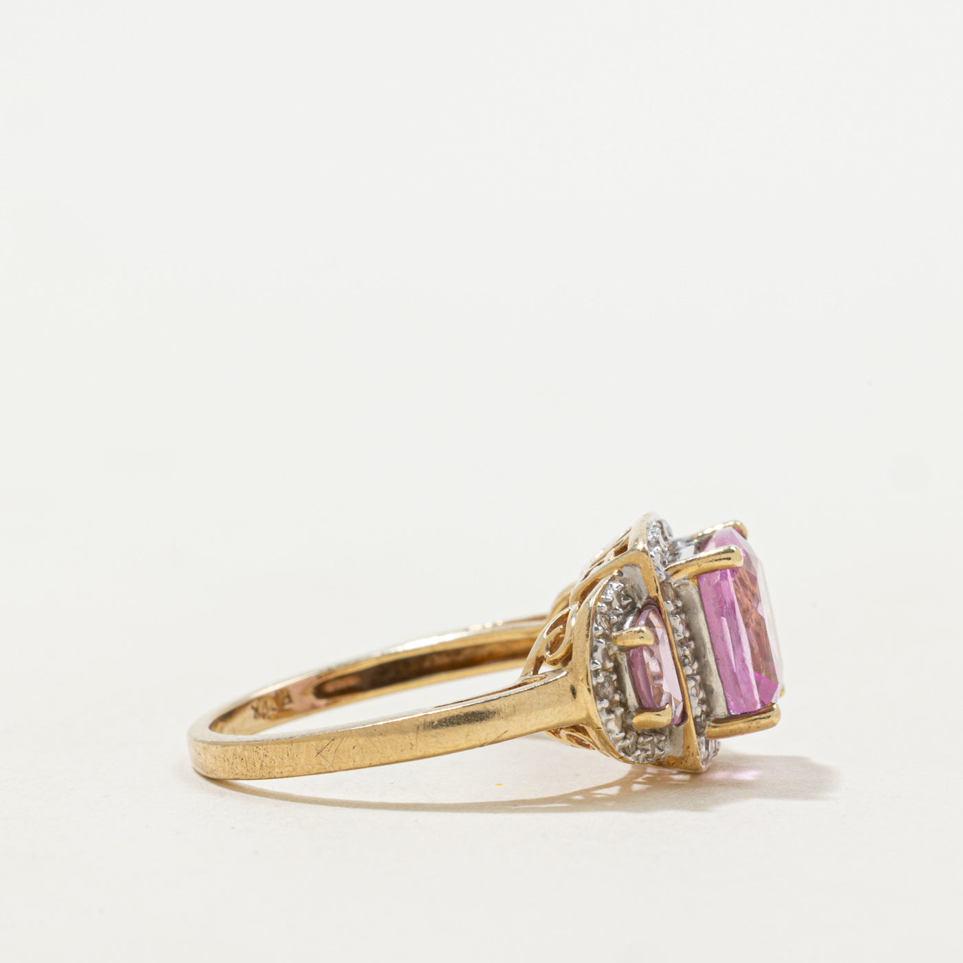 Synthetic Pink Sapphire & Diamond Halo Ring | 3.75ctw, 0.09ctw | SZ 6.5